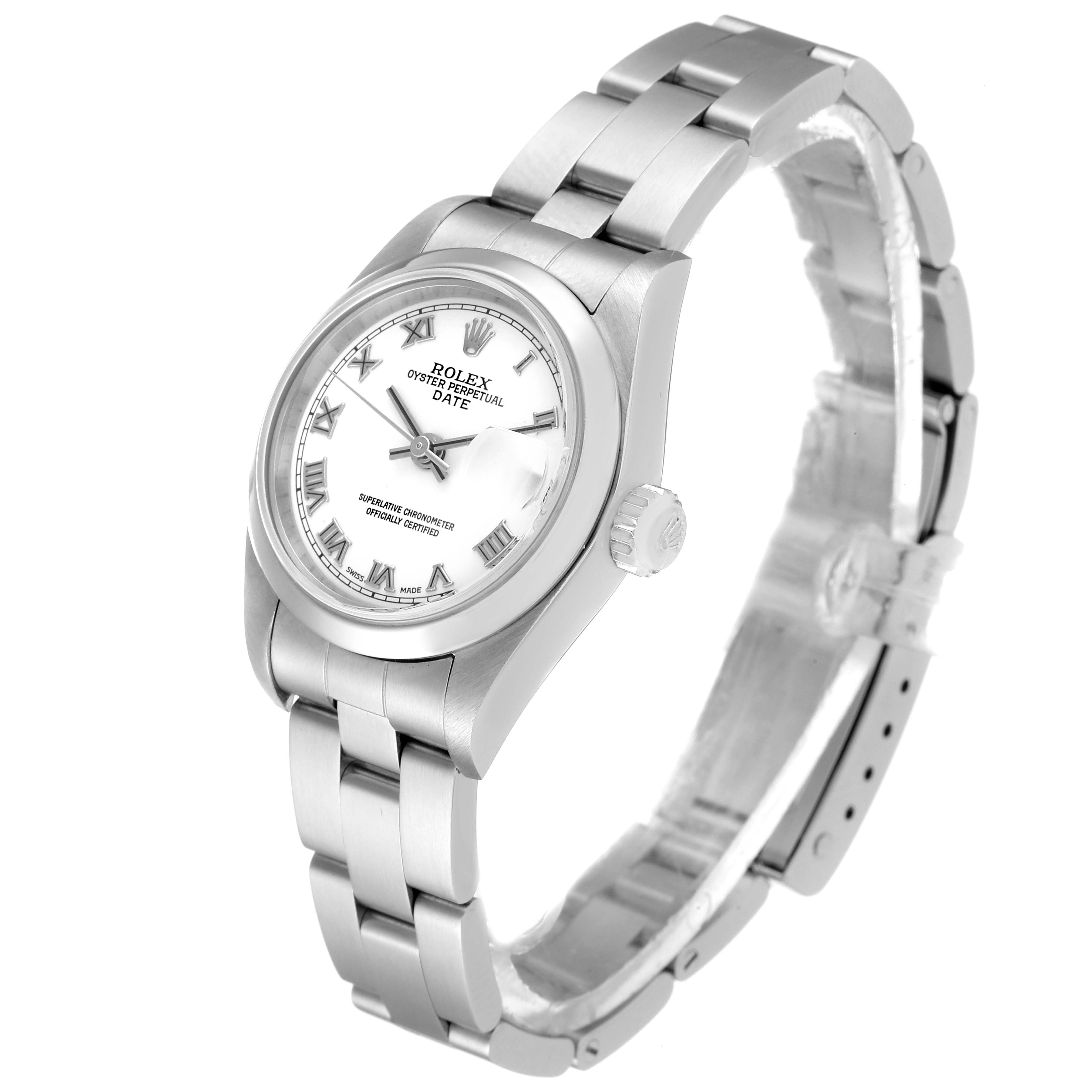 The image shows a Rolex Date 79160 Women
s Stainless Steel White Dial 79160 Women
s Stainless Steel White Dial model watch at an angled view focusing on the dial, crown, and band.