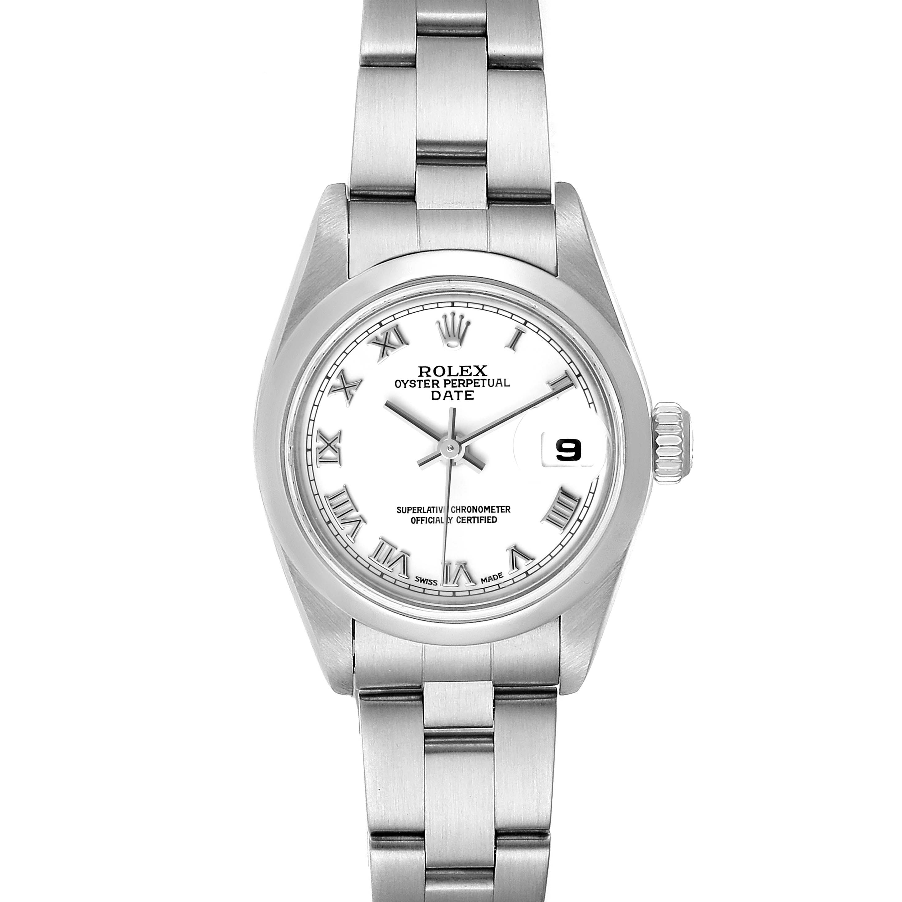 The image shows a front view of a Rolex Date 79160 Women
s Stainless Steel White Dial 79160 Women
s Stainless Steel White Dial model watch, featuring the face, bezel, crown, and bracelet.