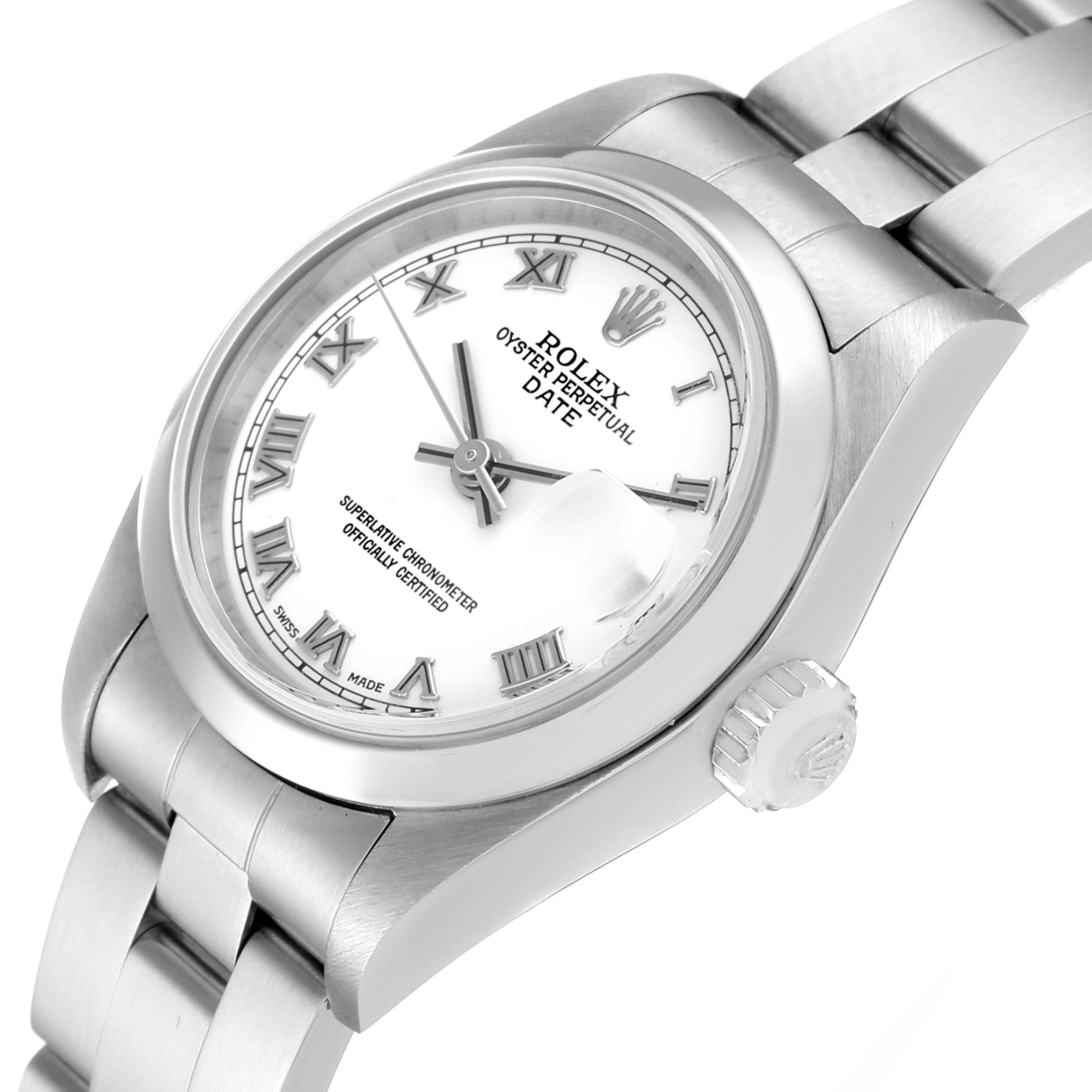 The image shows a Rolex Date 79160 Women
s Stainless Steel White Dial 79160 Women
s Stainless Steel White Dial model watch at a slight angle, highlighting the dial, bracelet, crown, and bezel.