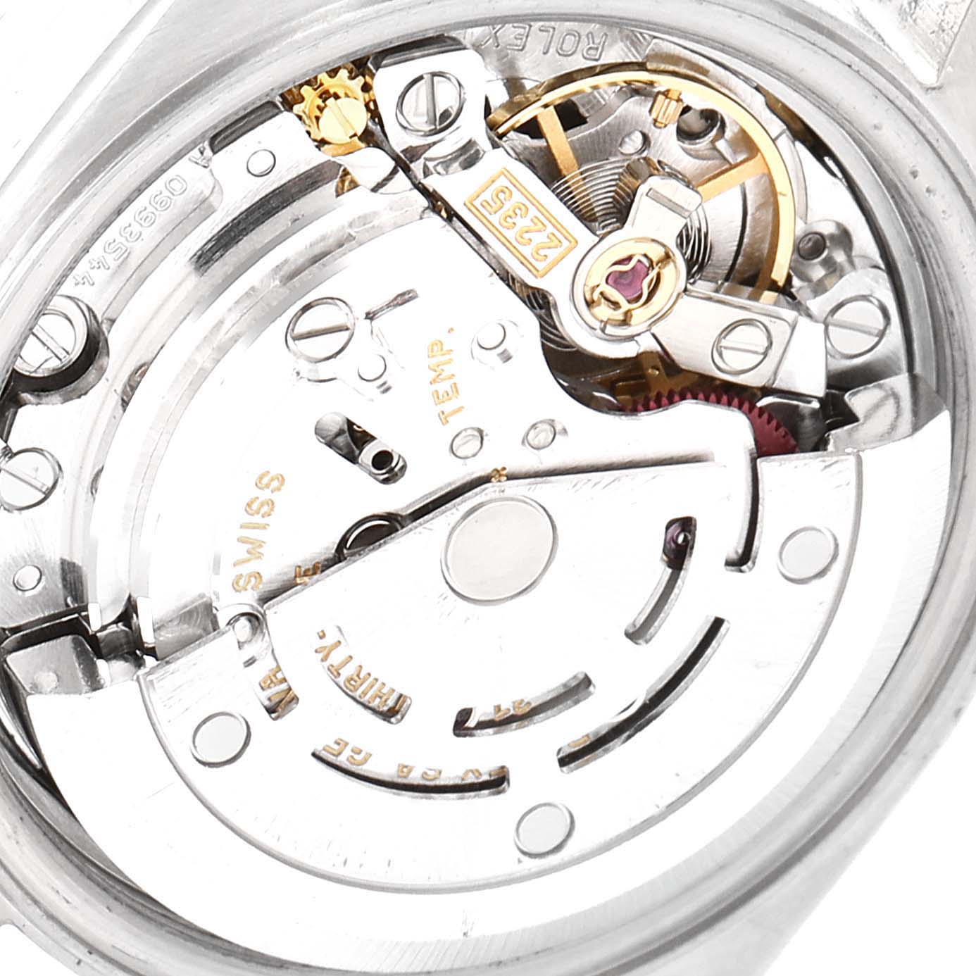 The image shows the inner mechanical movement of the Rolex Date 79160 Women
s Stainless Steel White Dial 79160 Women
s Stainless Steel White Dial model watch from a rear angle.