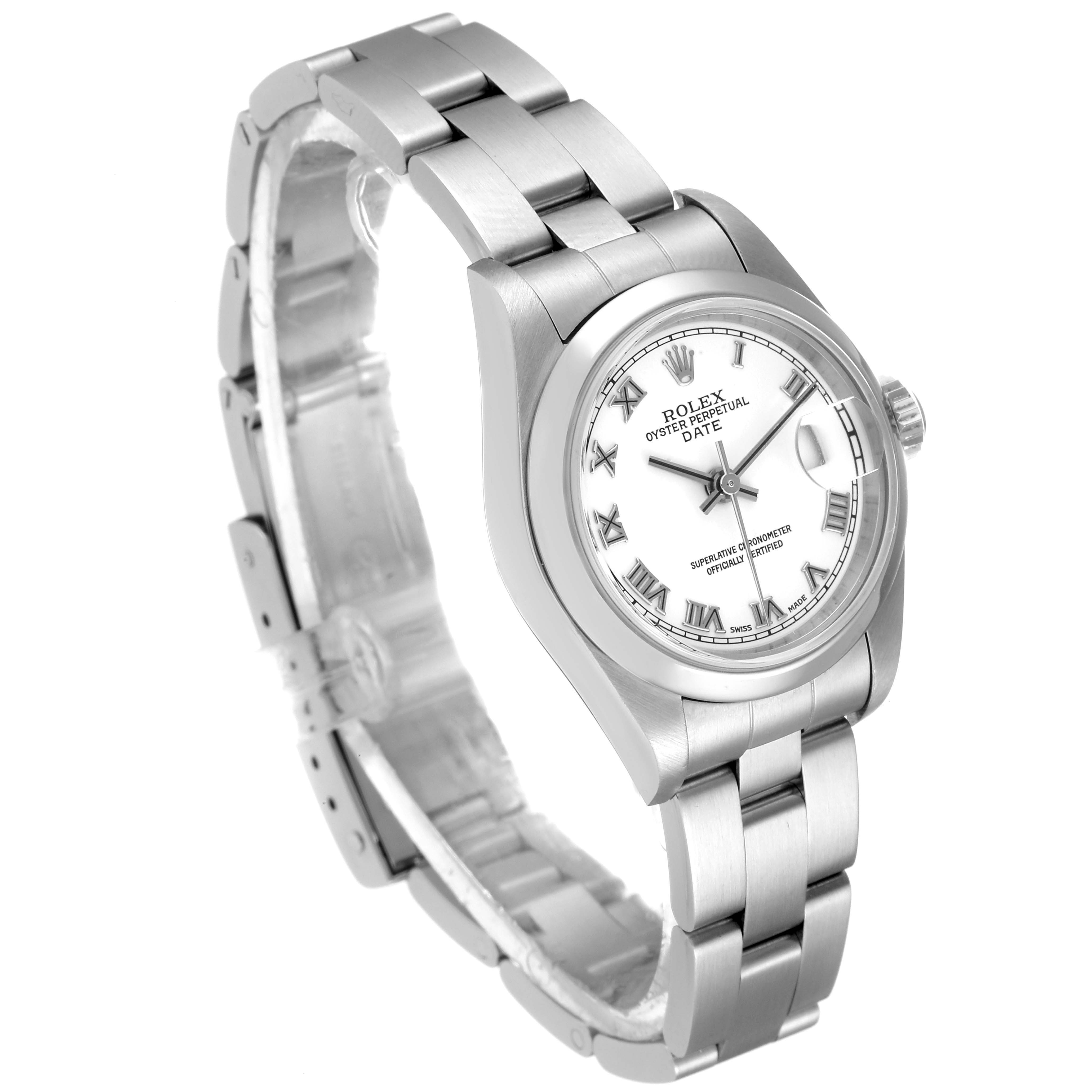 The image shows a Rolex Date 79160 Women
s Stainless Steel White Dial 79160 Women
s Stainless Steel White Dial model watch at an angle, highlighting the watch face, bezel, crown, and band.