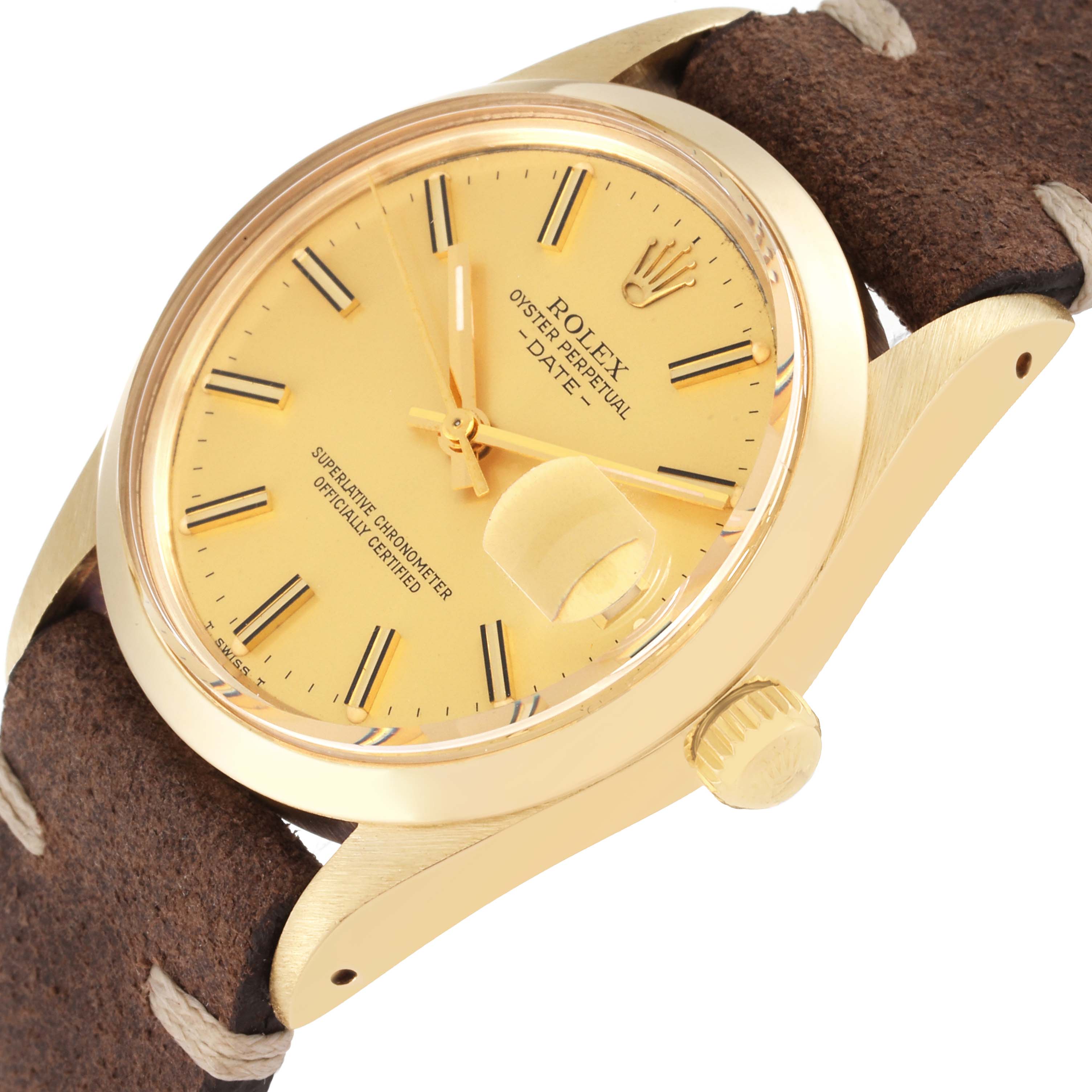 The image shows a Rolex Vintage Collection 15007 Men's Yellow Gold Champagne Dial 15007 Men's Yellow Gold Champagne Dial watch at an oblique angle, highlighting its dial, crown, and brown leather strap.