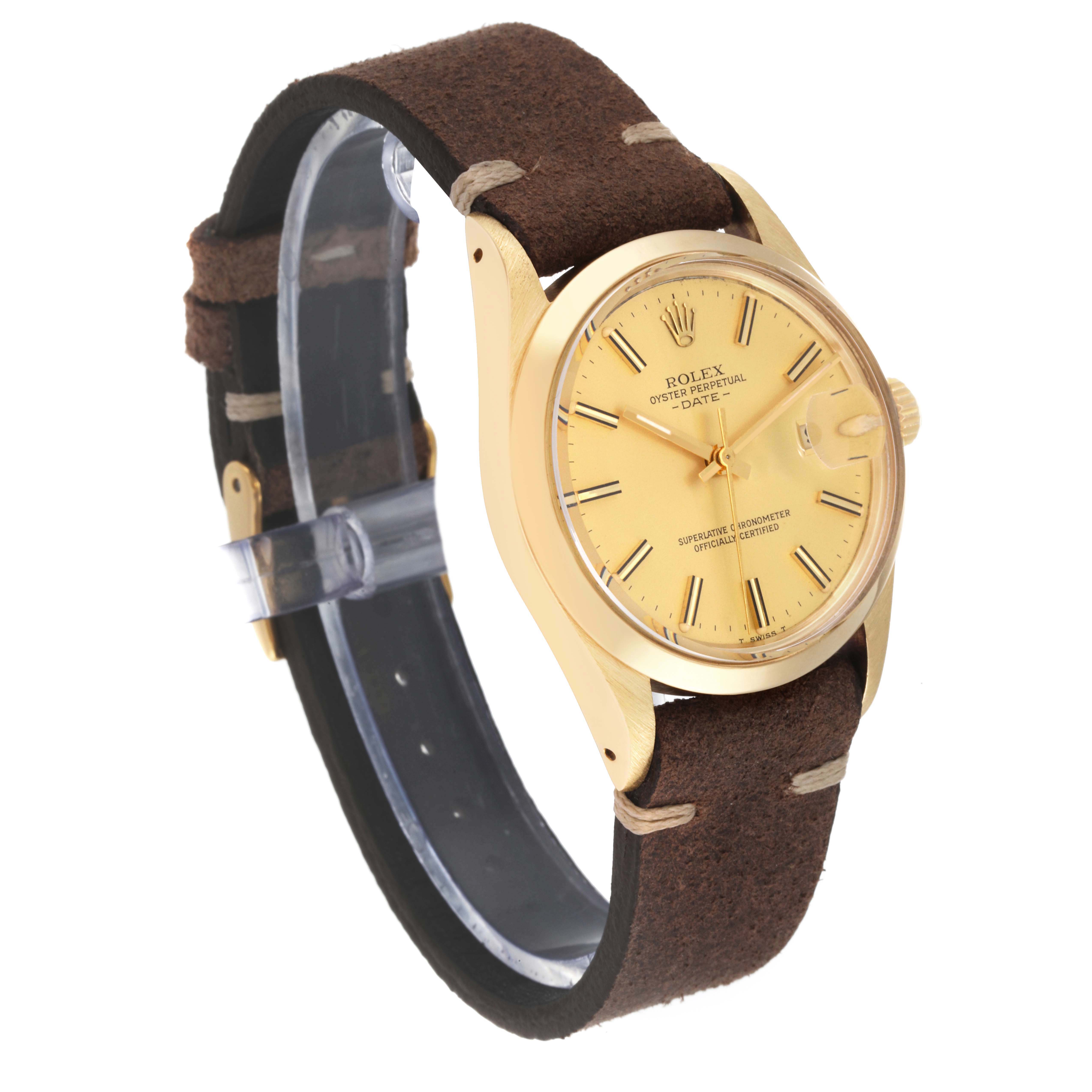 The Rolex Vintage Collection 15007 Men's Yellow Gold Champagne Dial 15007 Men's Yellow Gold Champagne Dial watch is shown at an oblique angle, highlighting its gold dial, bezel, and brown suede strap.