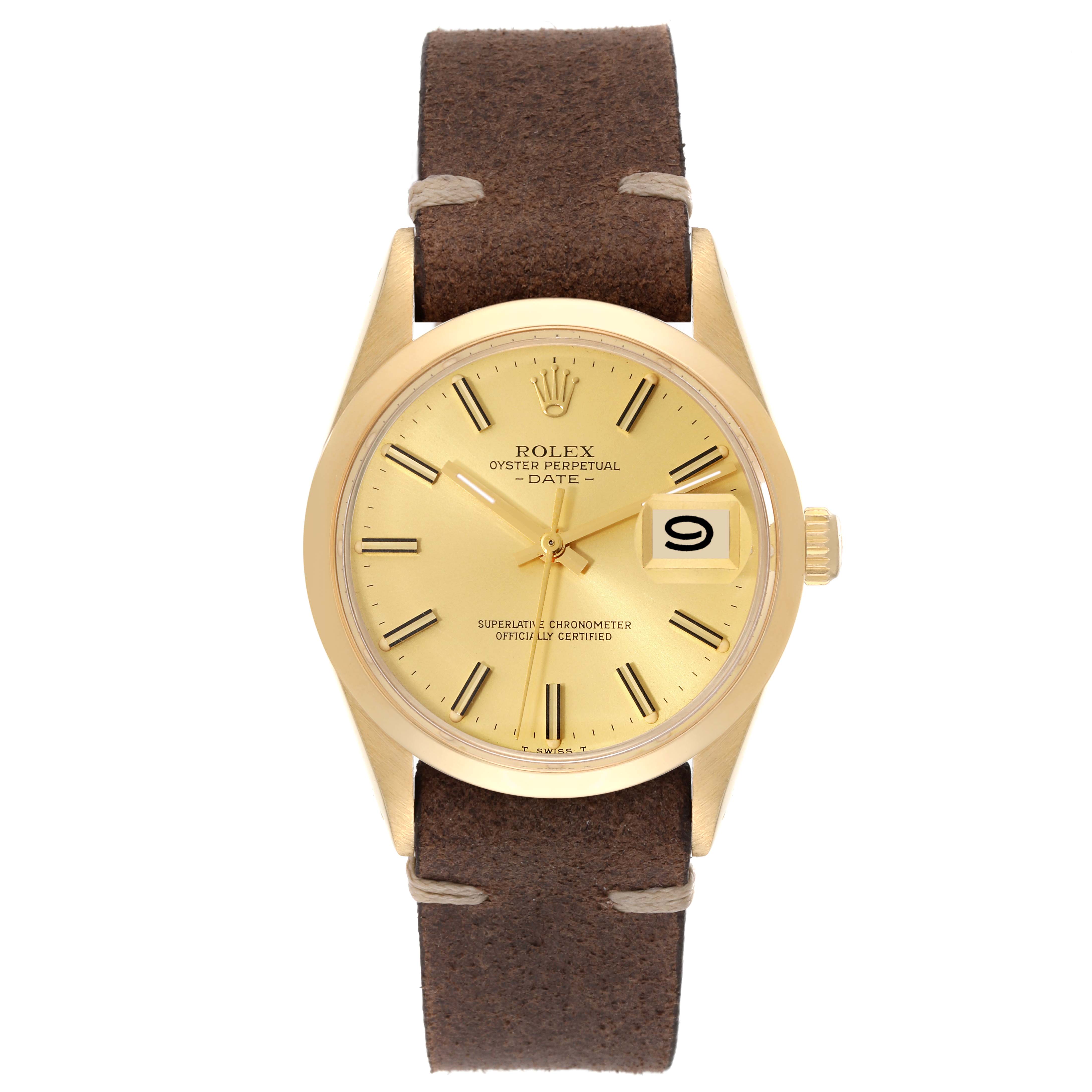 This front-view image shows the face, dial, hands, and crown of the Rolex Vintage Collection 15007 Men's Yellow Gold Champagne Dial 15007 Men's Yellow Gold Champagne Dial watch with a brown leather strap.