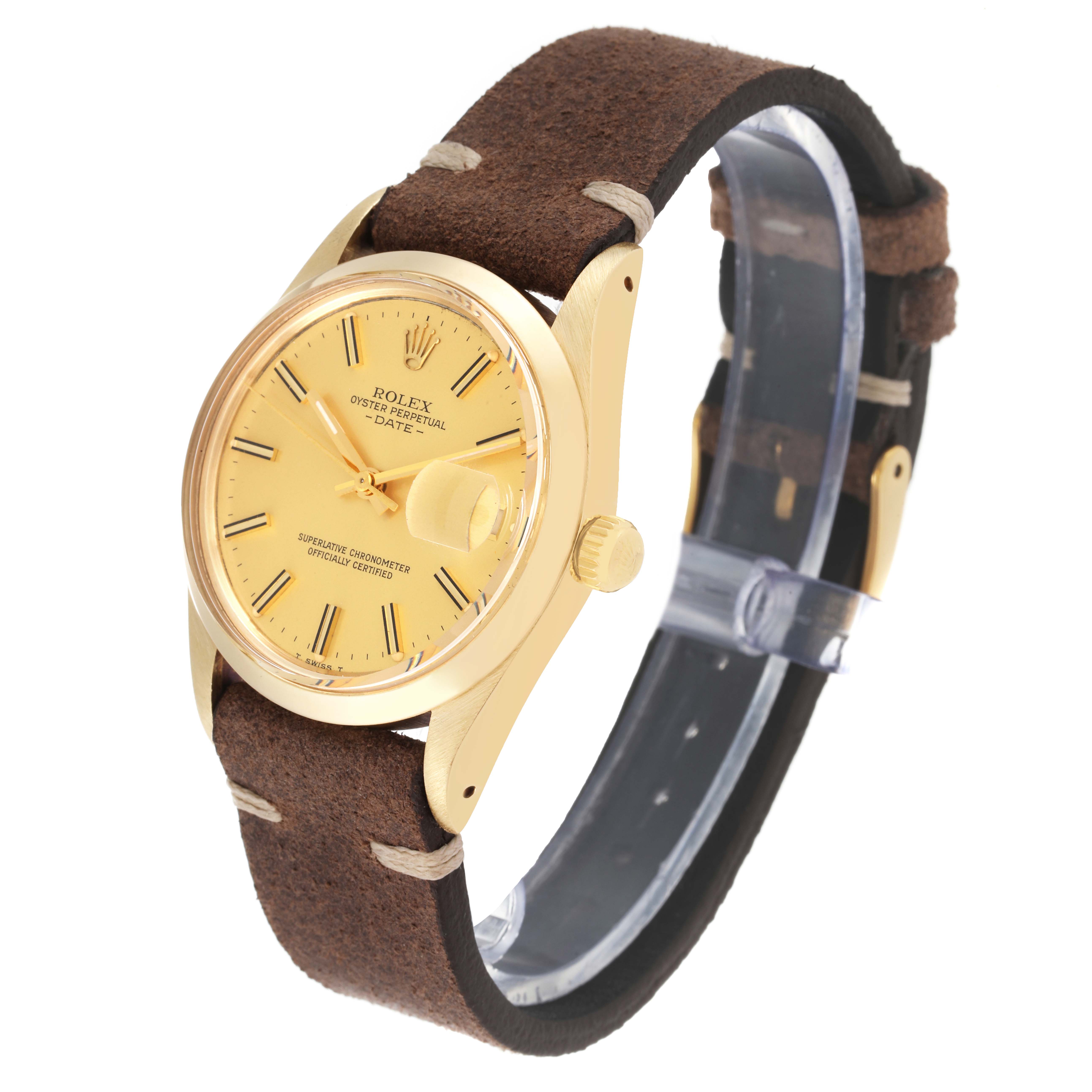 The image shows a Vintage Collection Rolex watch at an angled view, highlighting its face, crown, and leather strap.