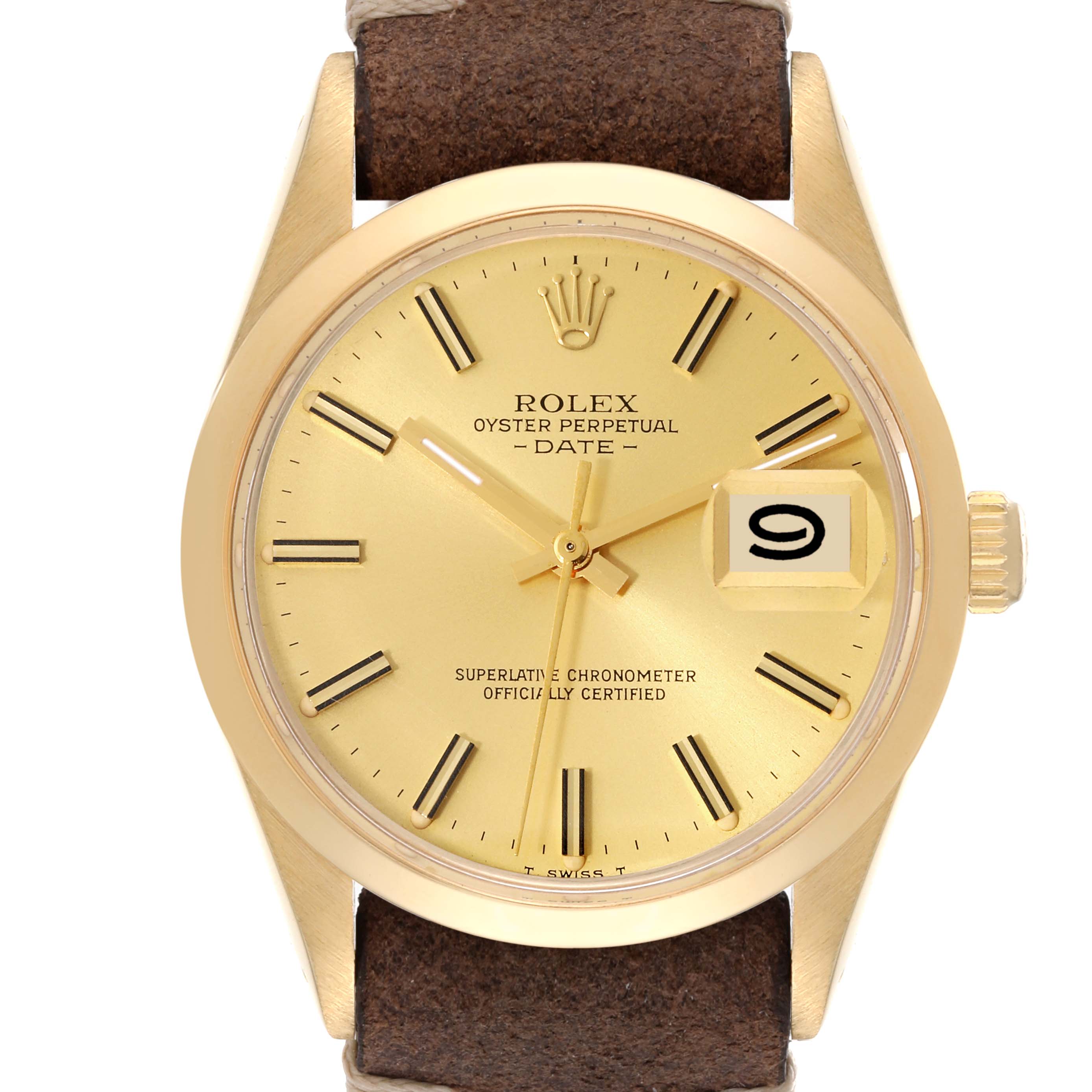 The image shows a front view of the Rolex Vintage Collection 15007 Men's Yellow Gold Champagne Dial 15007 Men's Yellow Gold Champagne Dial Oyster Perpetual Date watch, highlighting its dial, hands, and date window.