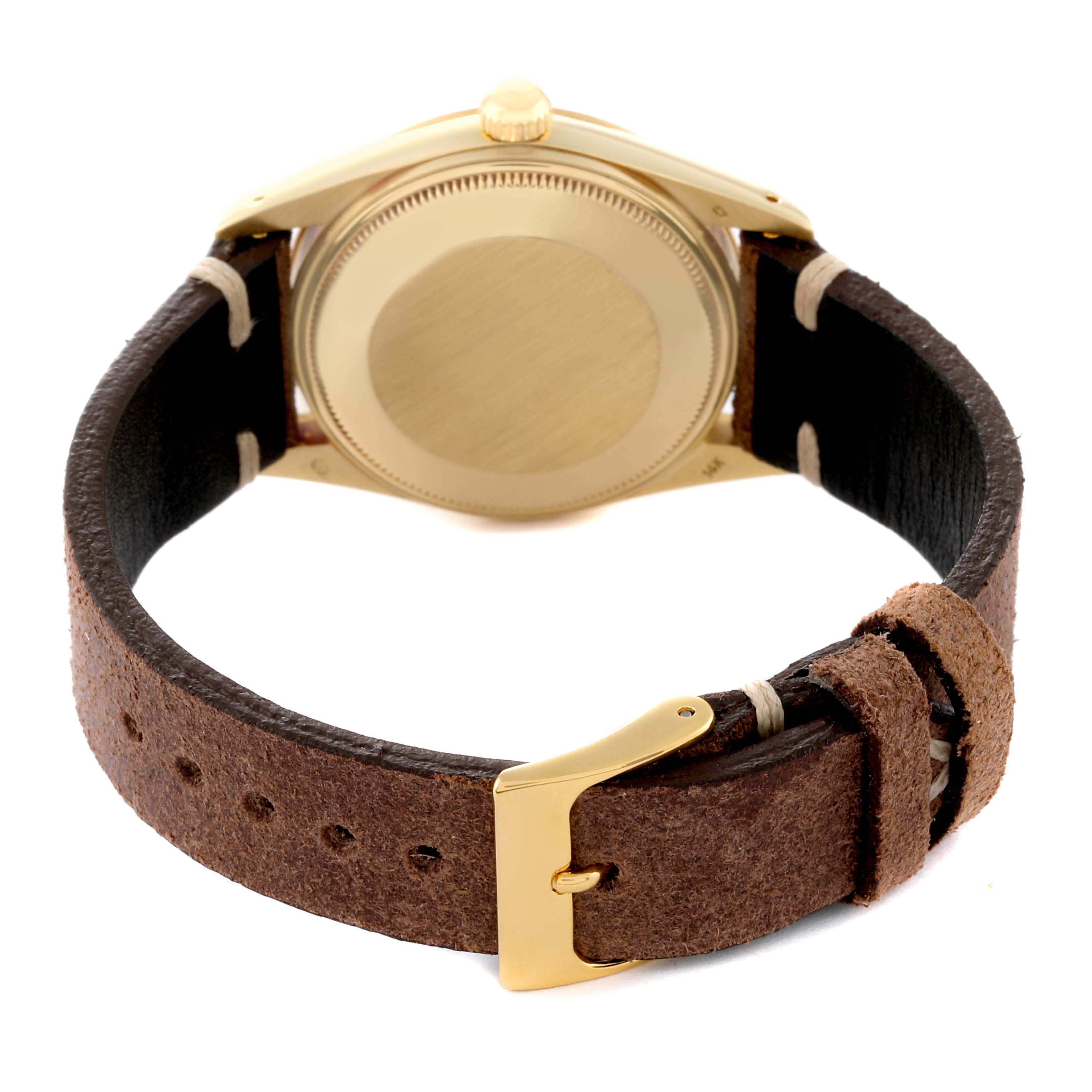 The image shows the back, crown, and strap of a Rolex Vintage Collection 15007 Men's Yellow Gold Champagne Dial 15007 Men's Yellow Gold Champagne Dial watch with a brown leather band and a gold buckle.