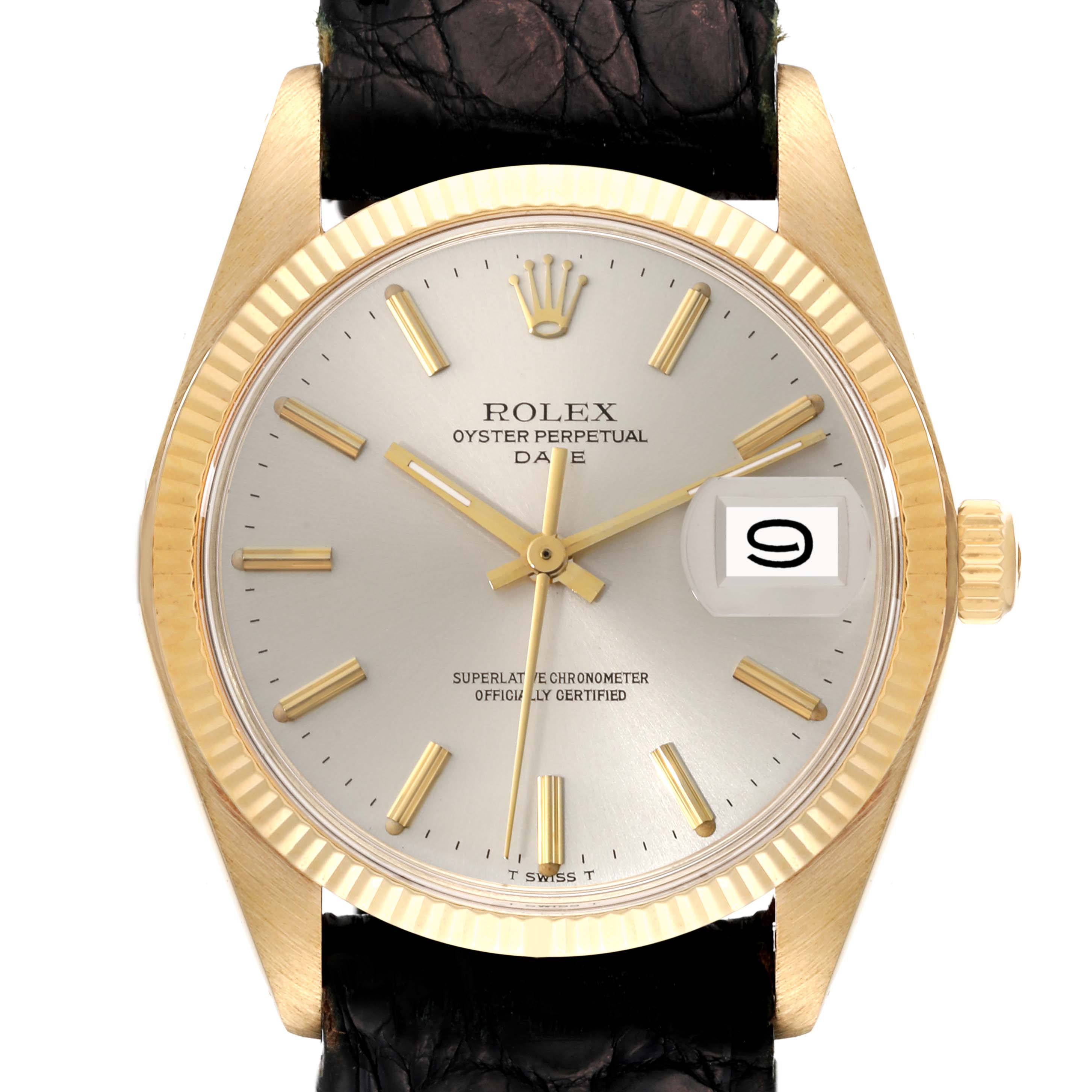 The Rolex Vintage Collection 1503 Men's Yellow Gold Champagne Dial 1503 Men's Yellow Gold Champagne Dial model is shown from a front angle, highlighting the watch face, bezel, and part of the strap.