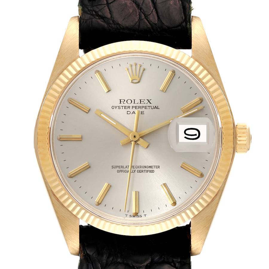 Rolex Date Yellow Gold Champagne Dial Leather Strap Vintage Mens Watch 1503 SwissWatchExpo