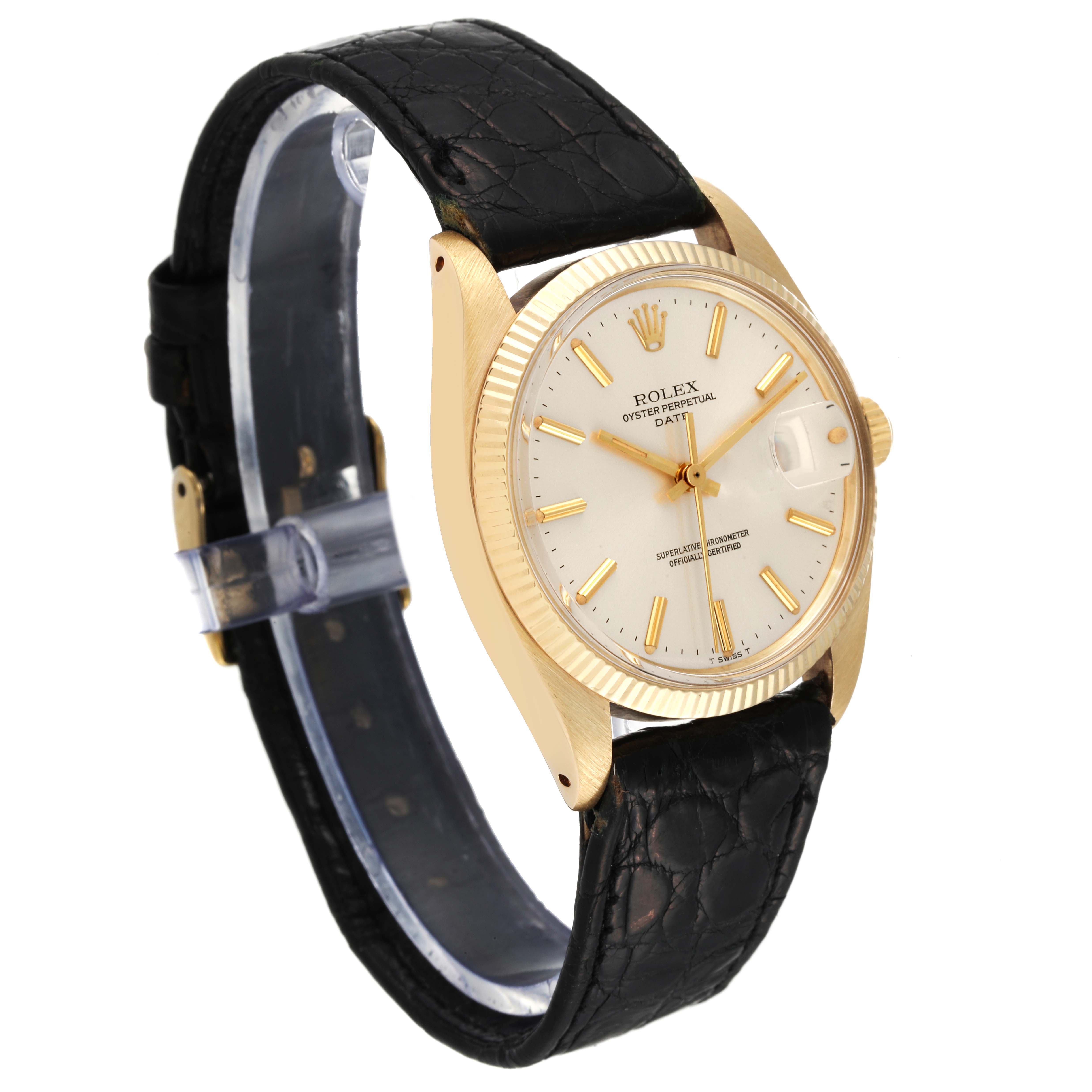 This is a close-up image showing the face, bezel, and black leather strap of a Vintage Collection Rolex Oyster Perpetual Date watch.