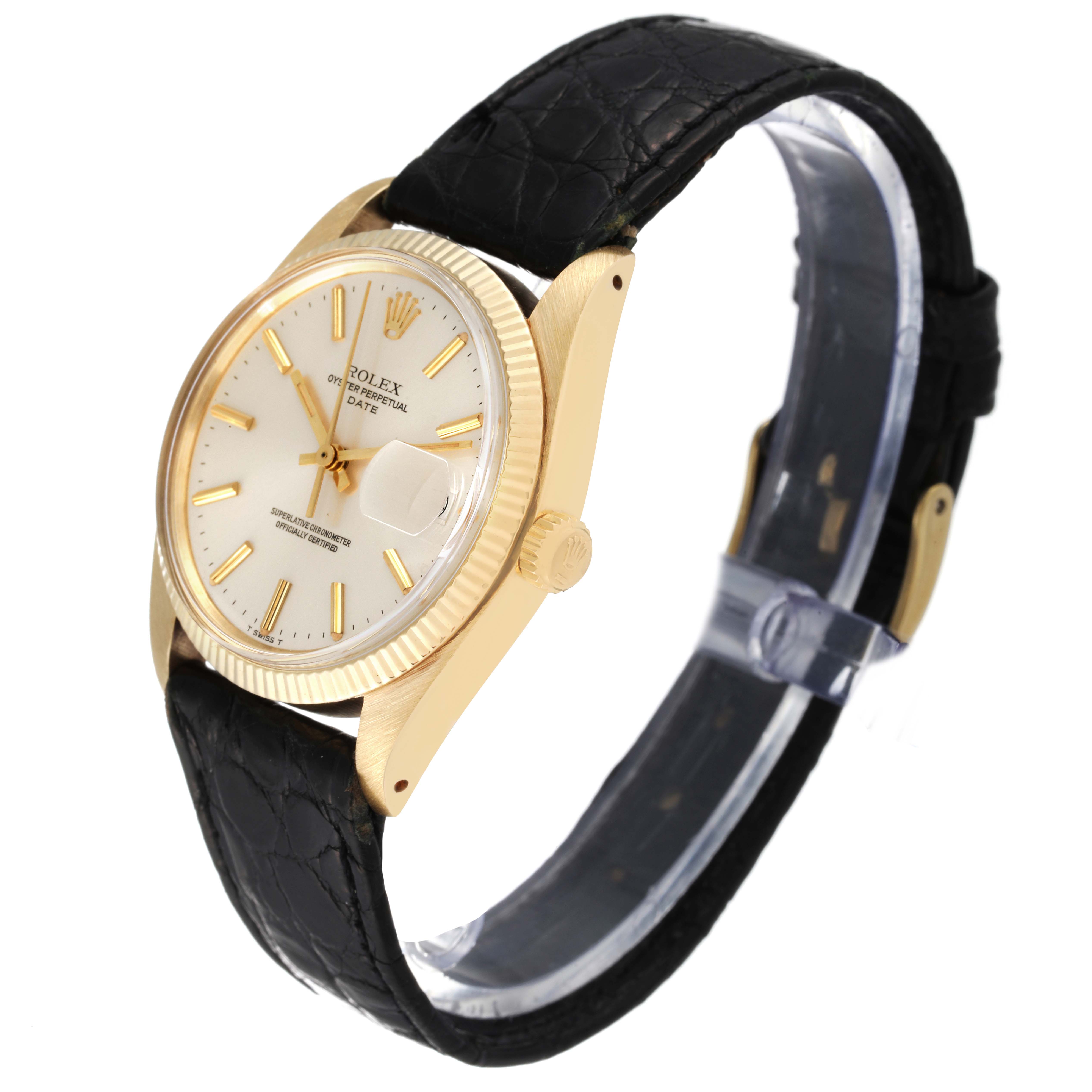 The Rolex Vintage Collection 1503 Men's Yellow Gold Champagne Dial 1503 Men's Yellow Gold Champagne Dial watch is shown at a three-quarter angle, displaying the face, bezel, crown, and leather strap.