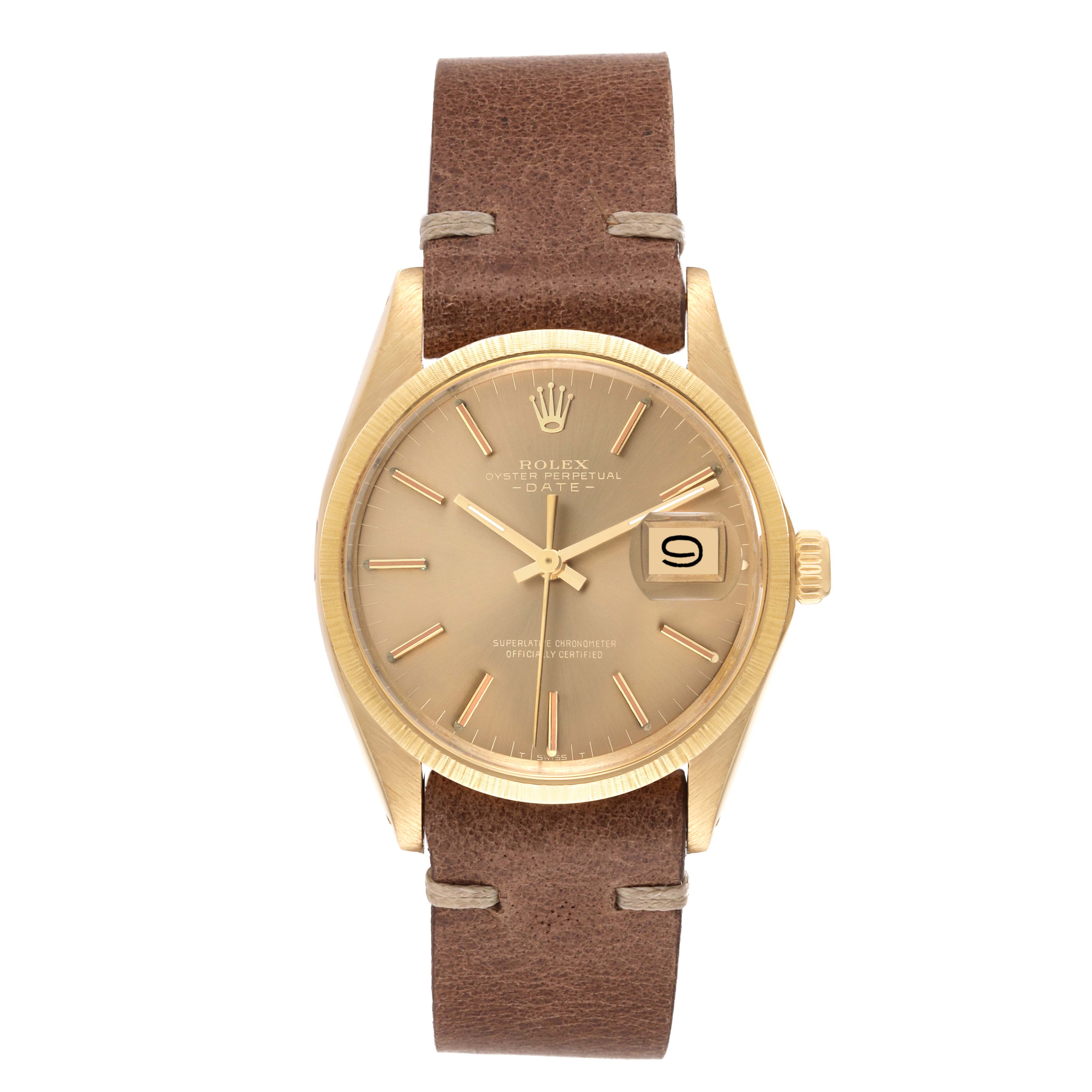 This image shows a Rolex Vintage Collection 1511 Men's Yellow Gold Champagne Dial 1511 Men's Yellow Gold Champagne Dial watch from a front angle, displaying the face, bezel, crown, and leather strap.