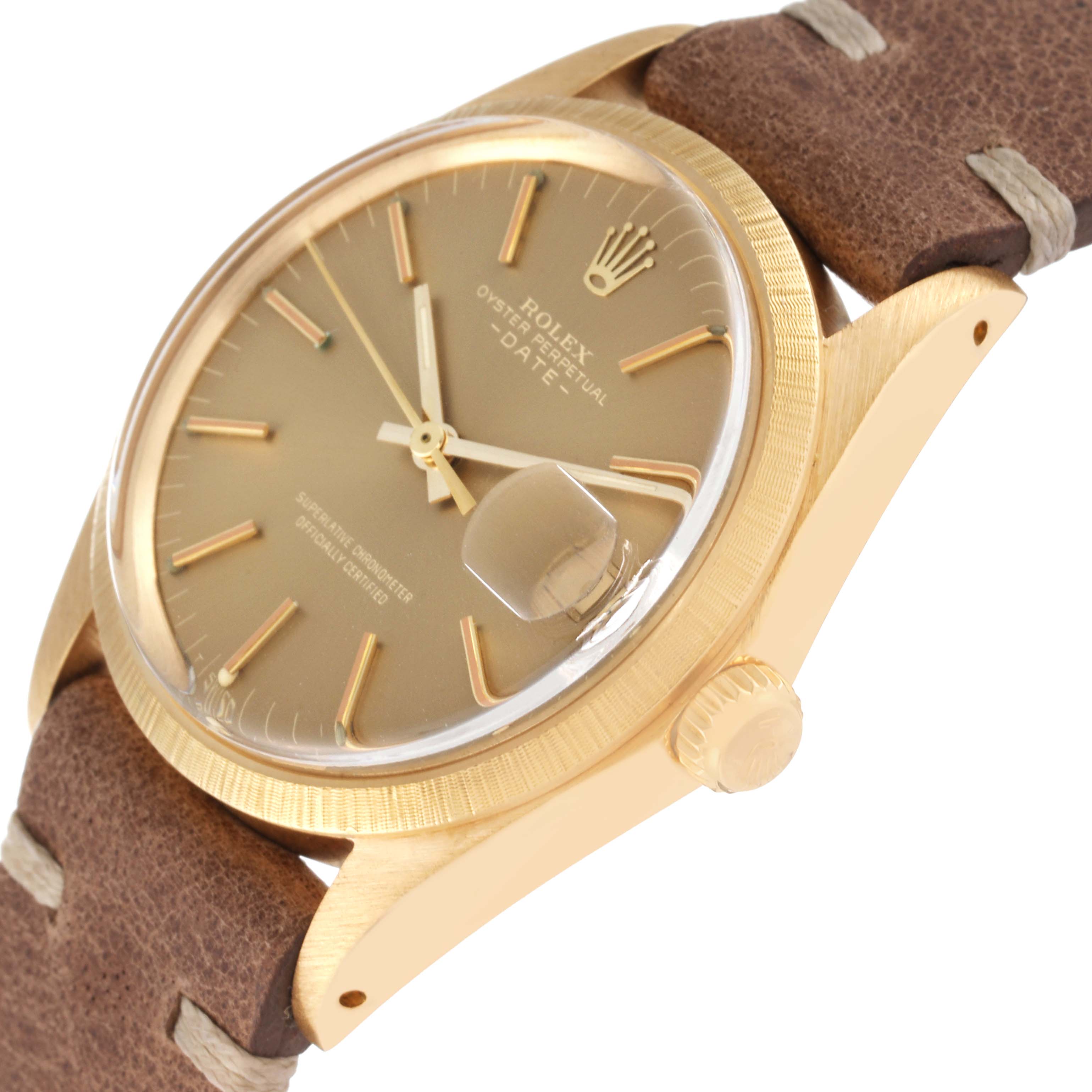 The image shows a close-up angle of the Rolex Vintage Collection 1511 Men's Yellow Gold Champagne Dial 1511 Men's Yellow Gold Champagne Dial watch, highlighting its face, bezel, crown, and leather strap.