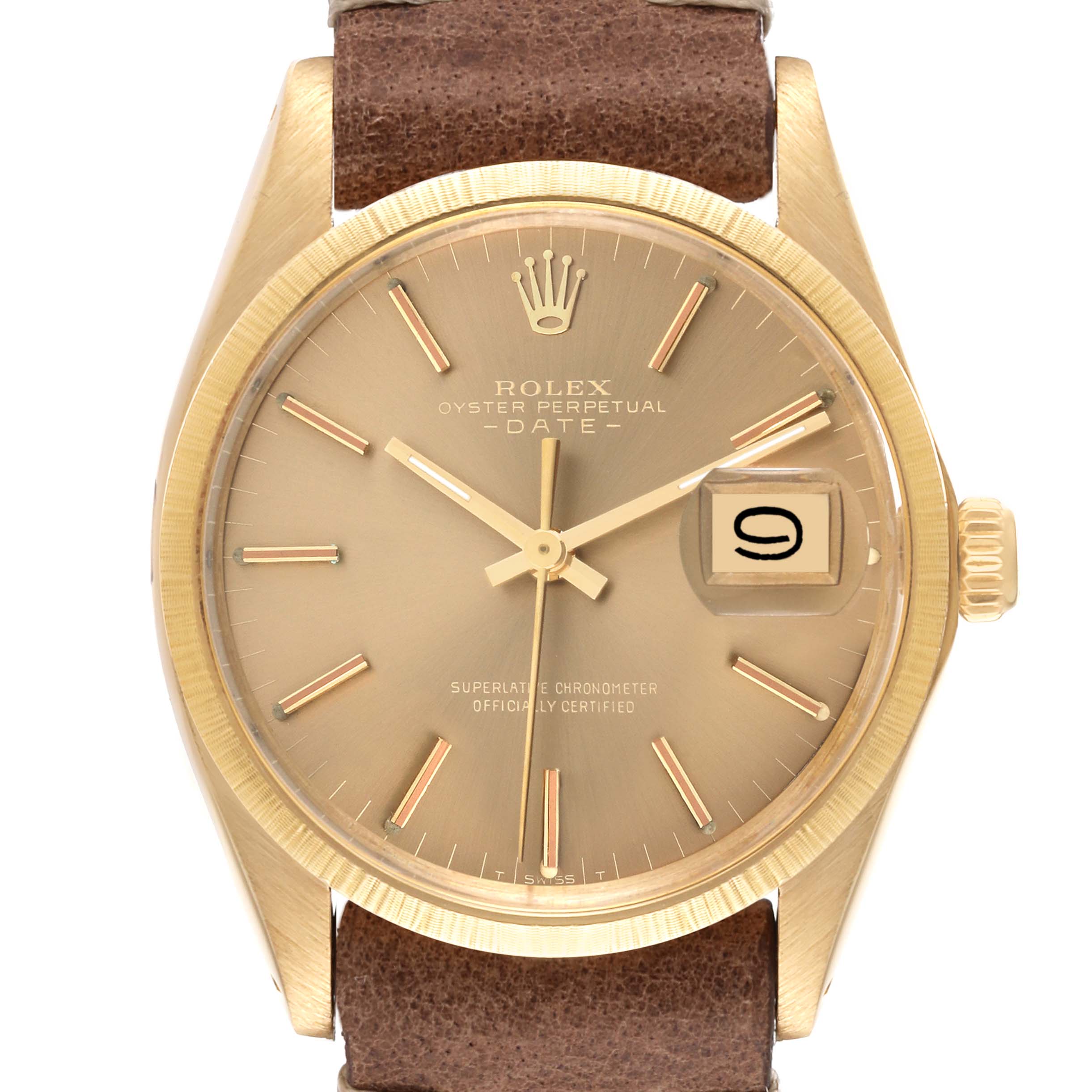 The image shows a front view of the Rolex Vintage Collection 1511 Men's Yellow Gold Champagne Dial 1511 Men's Yellow Gold Champagne Dial watch with a brown strap, displaying the dial, hands, and date window.