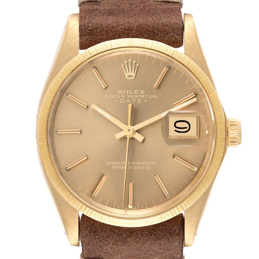 Rolex Date Yellow Gold Champagne Dial Leather Strap Vintage Mens Watch 1511 SwissWatchExpo