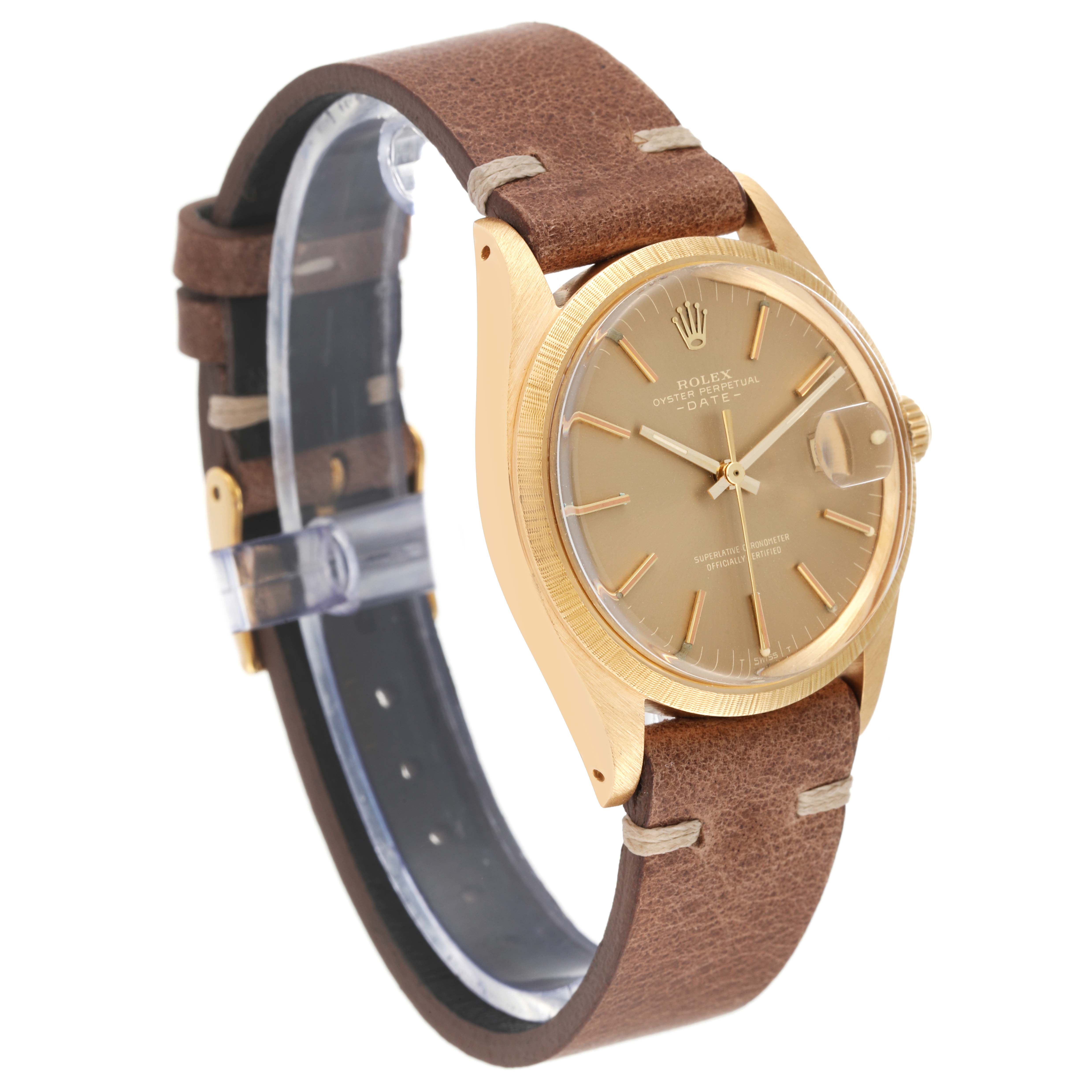 The image shows a side angle of the Rolex Vintage Collection 1511 Men's Yellow Gold Champagne Dial 1511 Men's Yellow Gold Champagne Dial watch, featuring its brown leather strap and gold case.