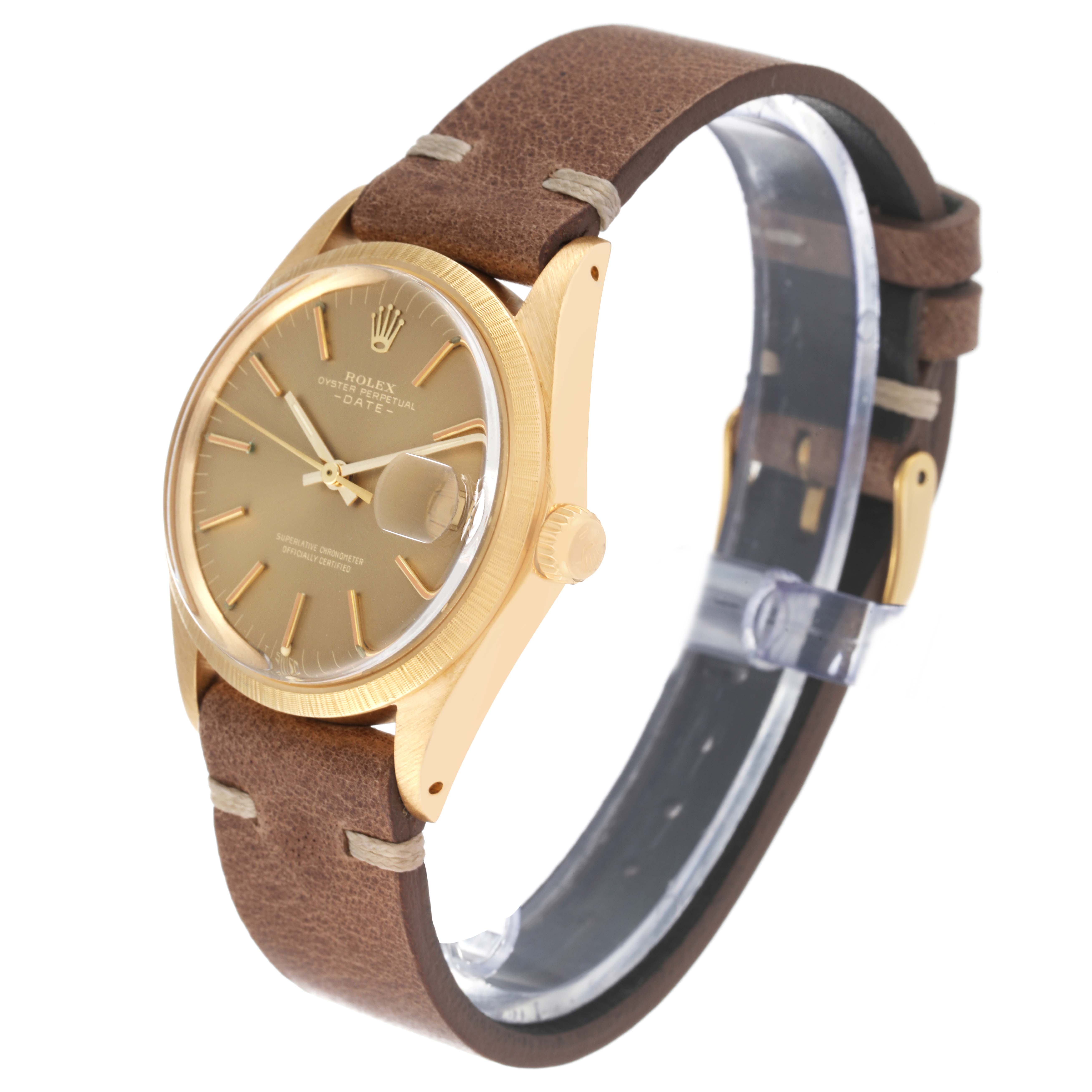 The Rolex Vintage Collection 1511 Men's Yellow Gold Champagne Dial 1511 Men's Yellow Gold Champagne Dial model is shown at a three-quarter angle with its face, crown, and leather strap visible.