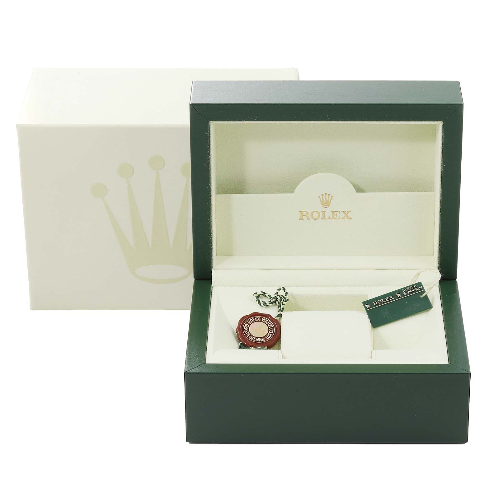 The image shows the open box and outer packaging for a Rolex Datejust 179173 Women's Steel and Gold (two tone) Blue Dial 179173 Women's Steel and Gold (two tone) Blue Dial, including tags and accessories inside the display box.