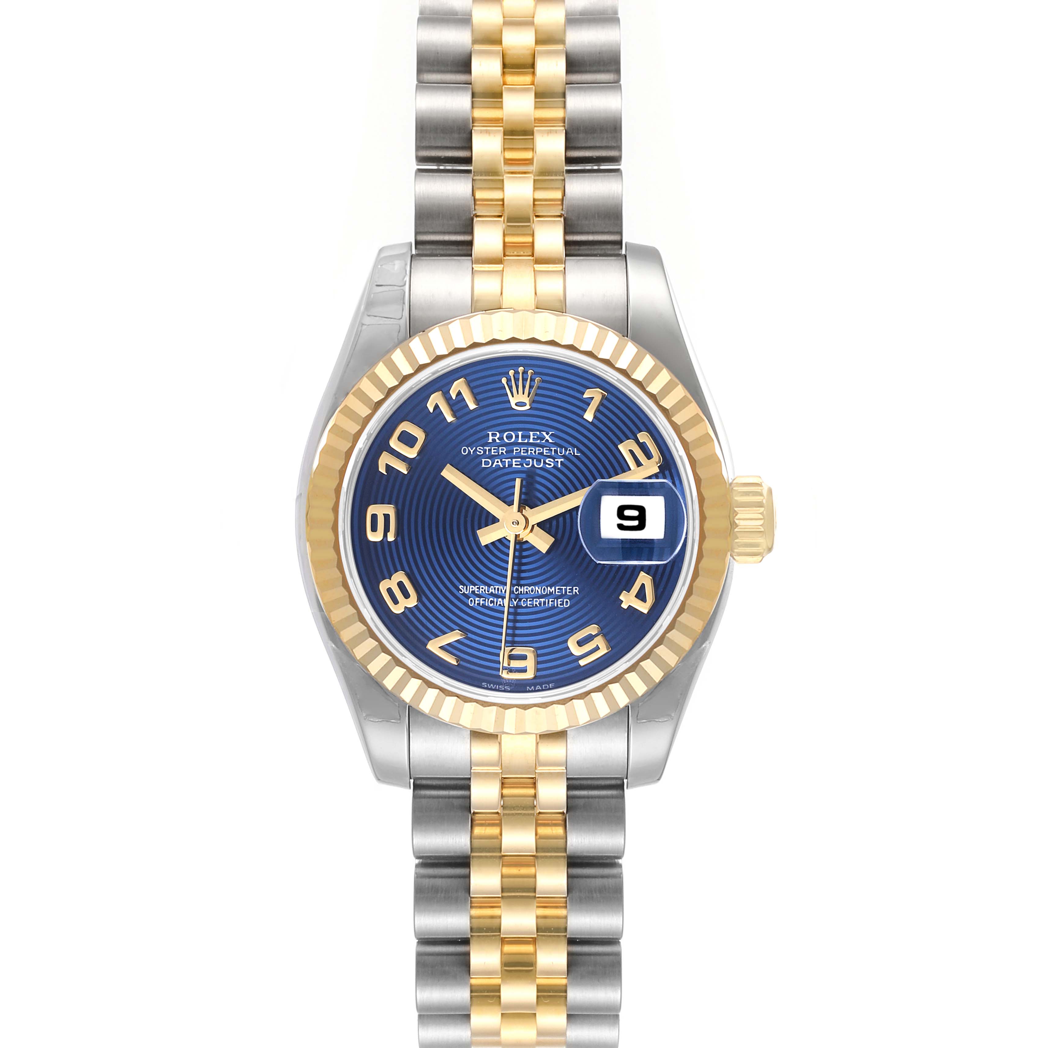 The Rolex Datejust 179173 Women's Steel and Gold (two tone) Blue Dial 179173 Women's Steel and Gold (two tone) Blue Dial watch is shown from a front angle, displaying its dial, bezel, hands, and Jubilee bracelet.
