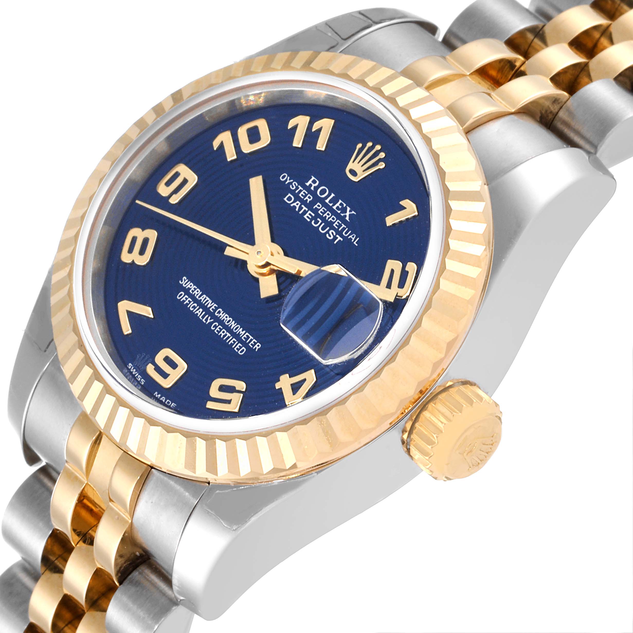 The Rolex Datejust 179173 Women's Steel and Gold (two tone) Blue Dial 179173 Women's Steel and Gold (two tone) Blue Dial watch is shown at an angle highlighting the face, fluted bezel, and part of the bracelet.