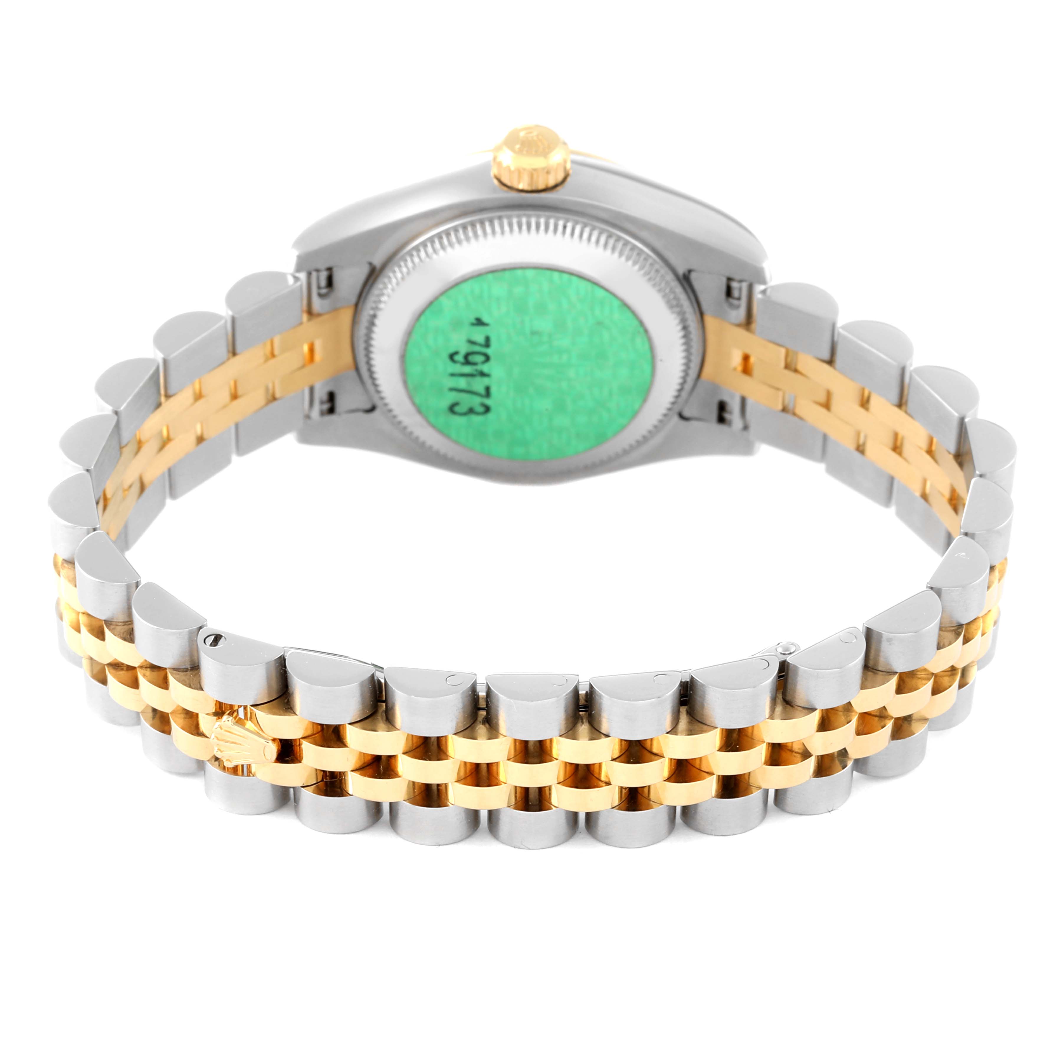 The image shows the back view of a Rolex Datejust 179173 Women's Steel and Gold (two tone) Blue Dial 179173 Women's Steel and Gold (two tone) Blue Dial watch, highlighting its case back and two-tone bracelet.