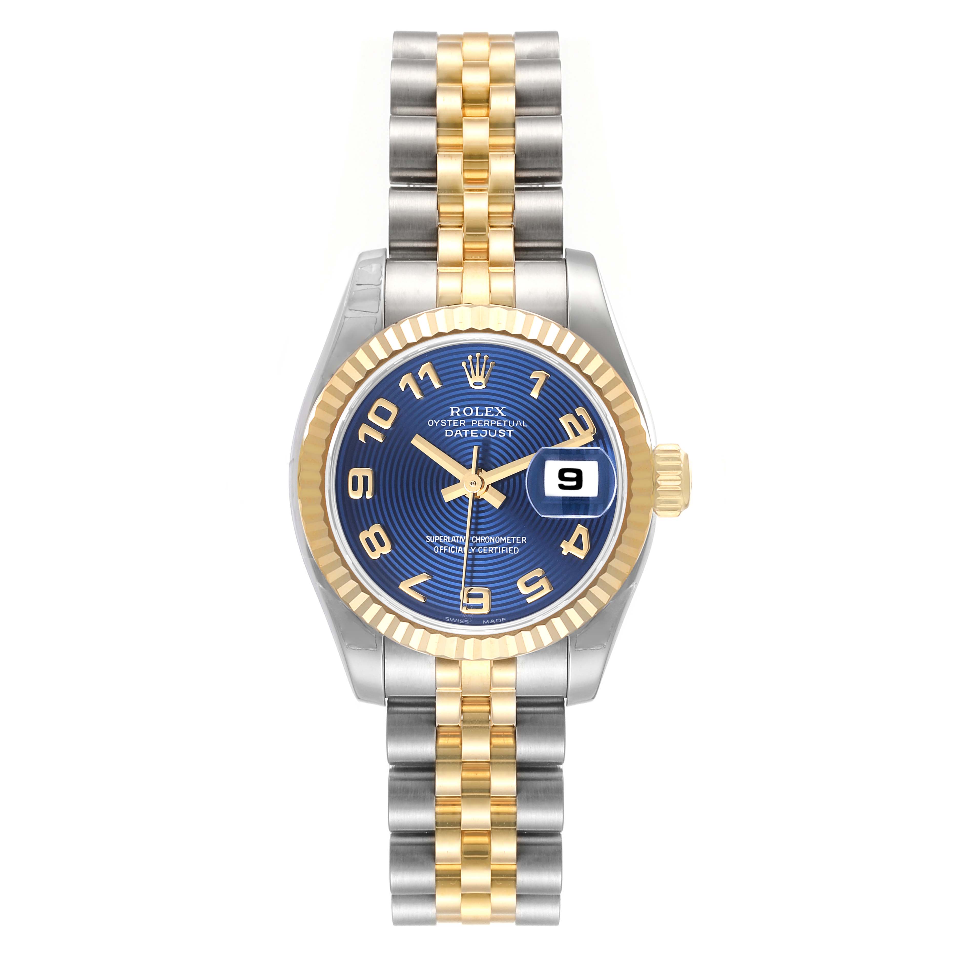 This Rolex Datejust 179173 Women's Steel and Gold (two tone) Blue Dial 179173 Women's Steel and Gold (two tone) Blue Dial watch is shown from a top-down angle, highlighting its dial, bezel, and Jubilee bracelet.