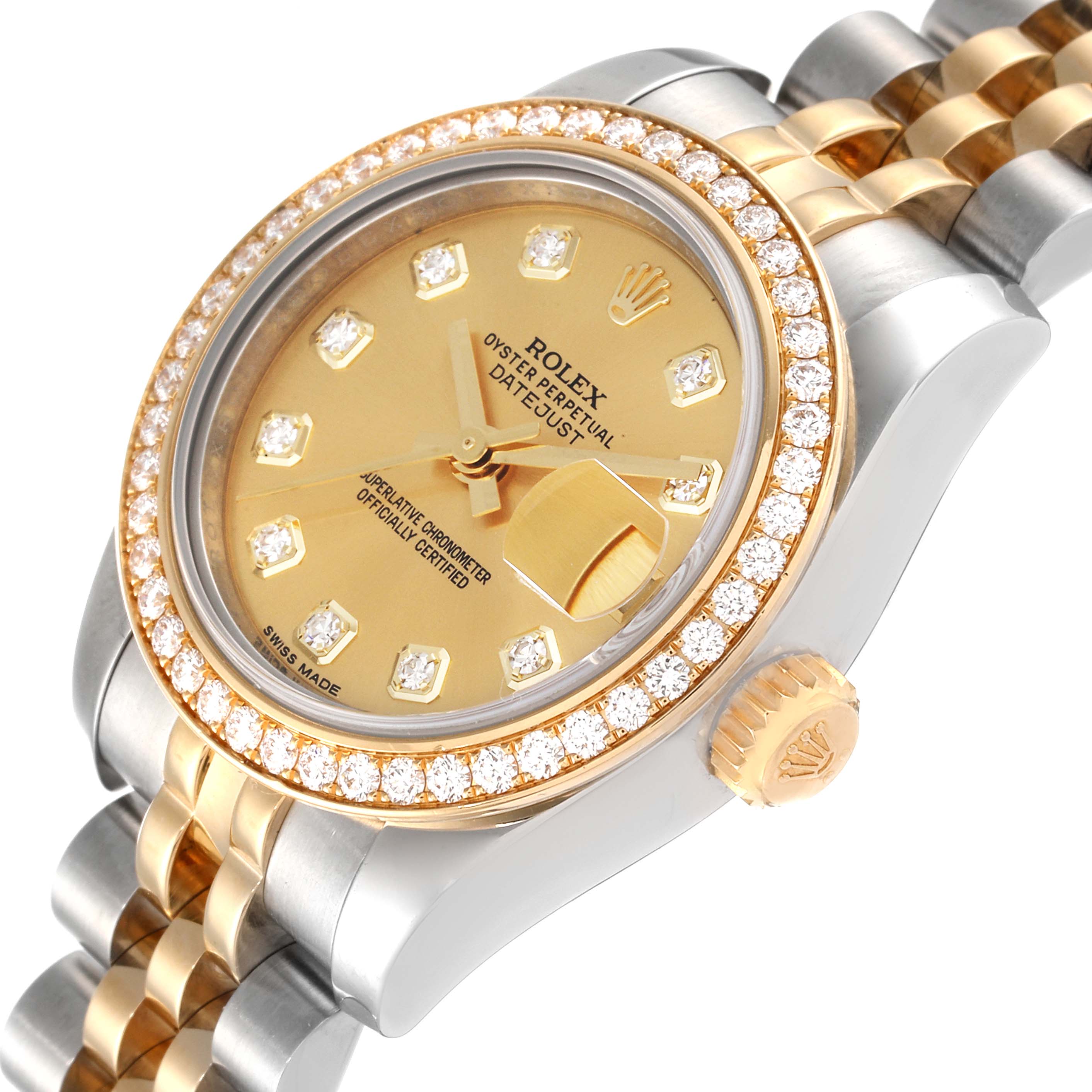 This image shows a close-up angle of a Rolex Datejust 179383 Women's Steel and Gold (two tone) Champagne Dial 179383 Women's Steel and Gold (two tone) Champagne Dial watch, highlighting the dial, bezel, crown, and part of the bracelet.