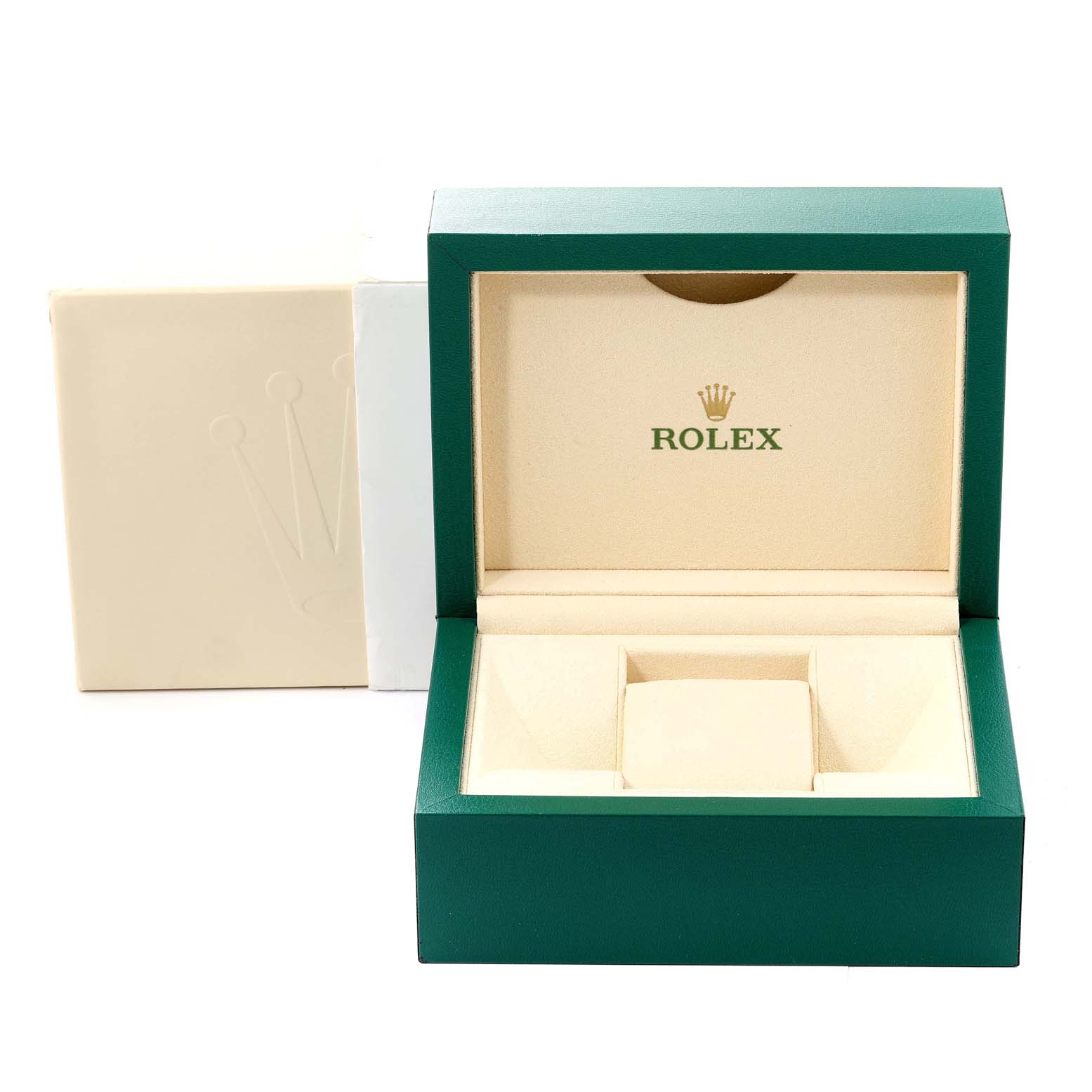 This is an empty Rolex Datejust 179383 Women's Steel and Gold (two tone) Champagne Dial 179383 Women's Steel and Gold (two tone) Champagne Dial watch box shown from a front angle, highlighting its beige and green interior.