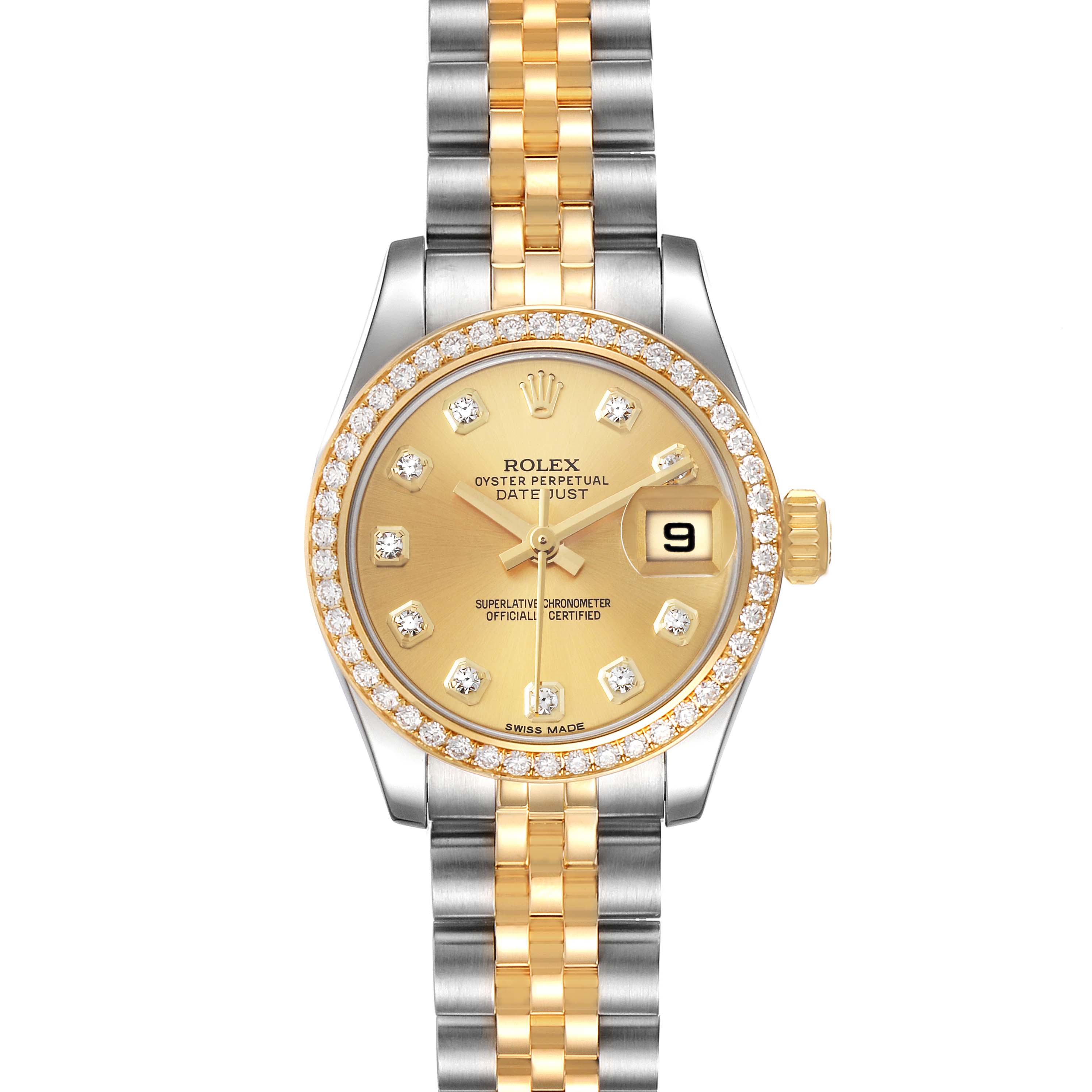 The image shows a front view of the Rolex Datejust 179383 Women's Steel and Gold (two tone) Champagne Dial 179383 Women's Steel and Gold (two tone) Champagne Dial watch displaying the dial, bracelet, bezel, and crown.