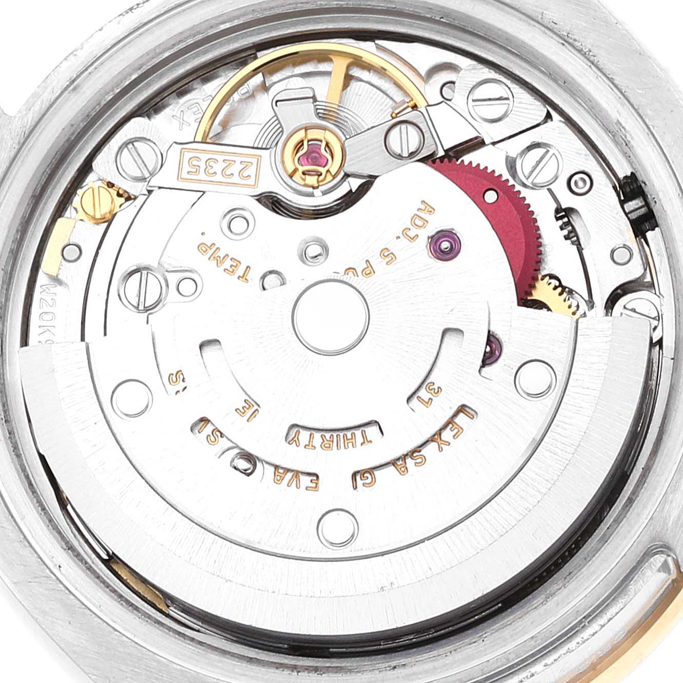 This image shows the internal mechanism of the Rolex Datejust 179383 Women's Steel and Gold (two tone) Champagne Dial 179383 Women's Steel and Gold (two tone) Champagne Dial watch from a top-down angle.