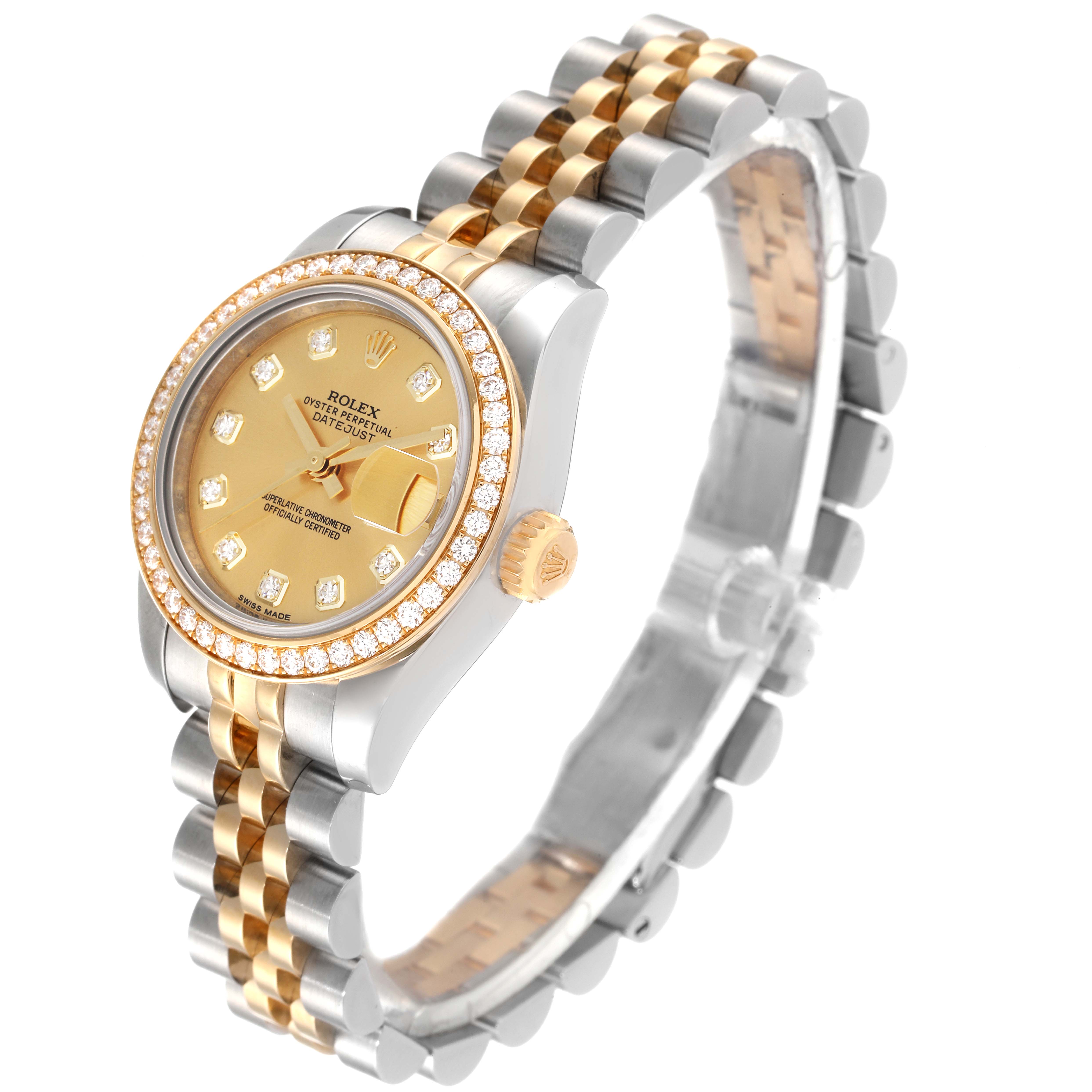 This image shows a Rolex Datejust 179383 Women's Steel and Gold (two tone) Champagne Dial 179383 Women's Steel and Gold (two tone) Champagne Dial watch at an angle, highlighting the gold dial, diamond bezel, and two-tone bracelet.