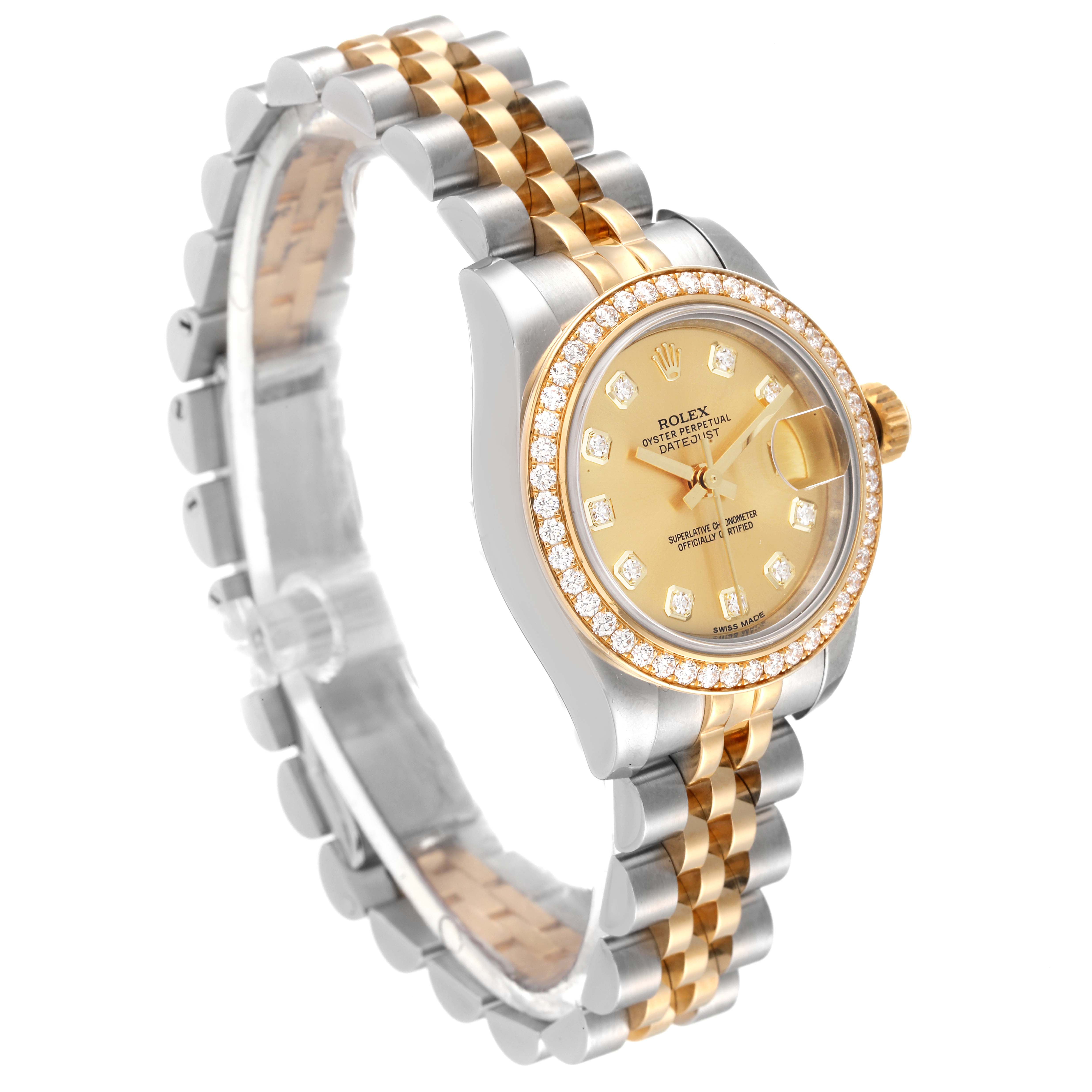 The image shows a Rolex Datejust 179383 Women's Steel and Gold (two tone) Champagne Dial 179383 Women's Steel and Gold (two tone) Champagne Dial watch from an angled side view, highlighting its gold and silver bracelet, diamond-studded bezel, and dial.