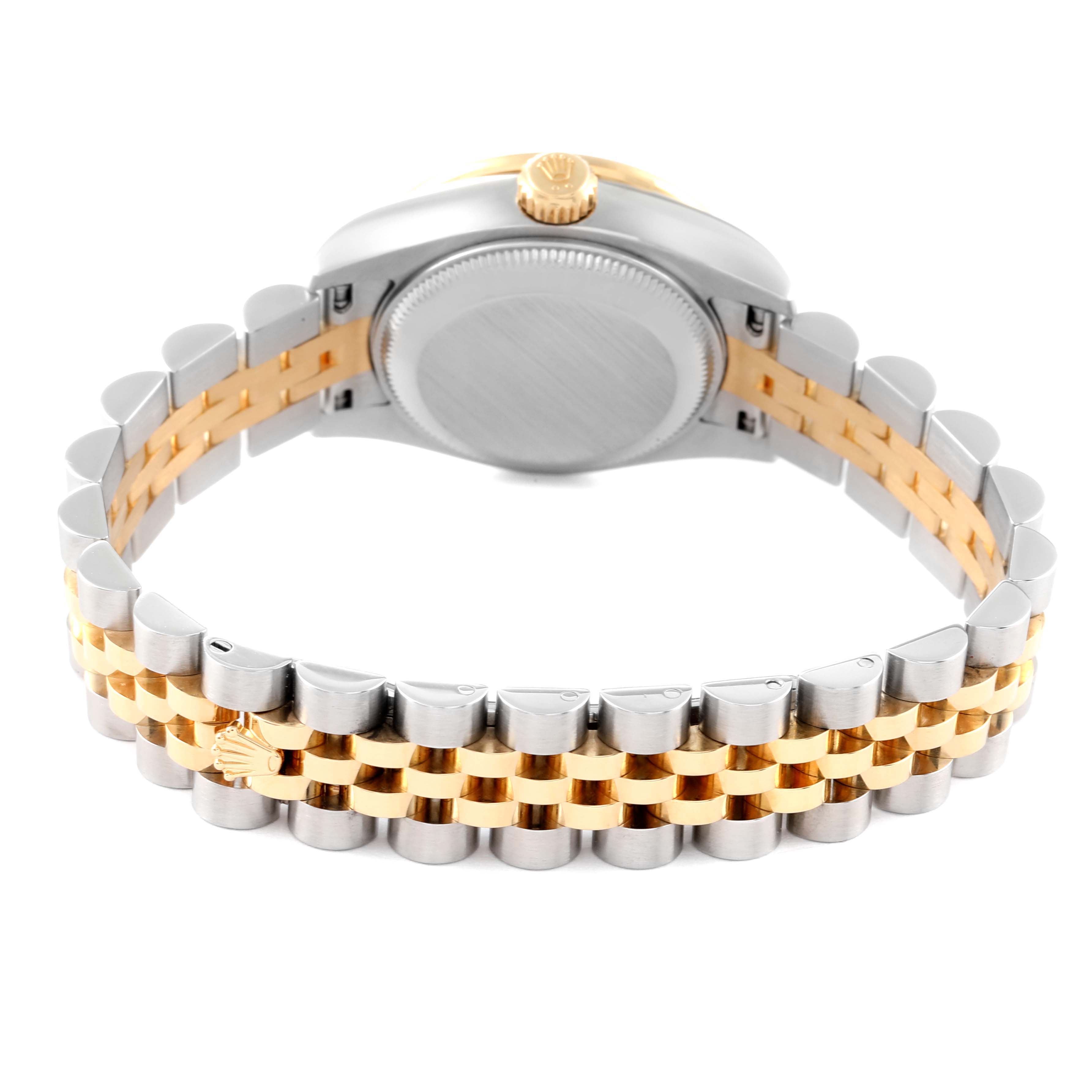 The image shows the back view of the Rolex Datejust 179383 Women's Steel and Gold (two tone) Champagne Dial 179383 Women's Steel and Gold (two tone) Champagne Dial watch, highlighting its case back and two-tone bracelet.