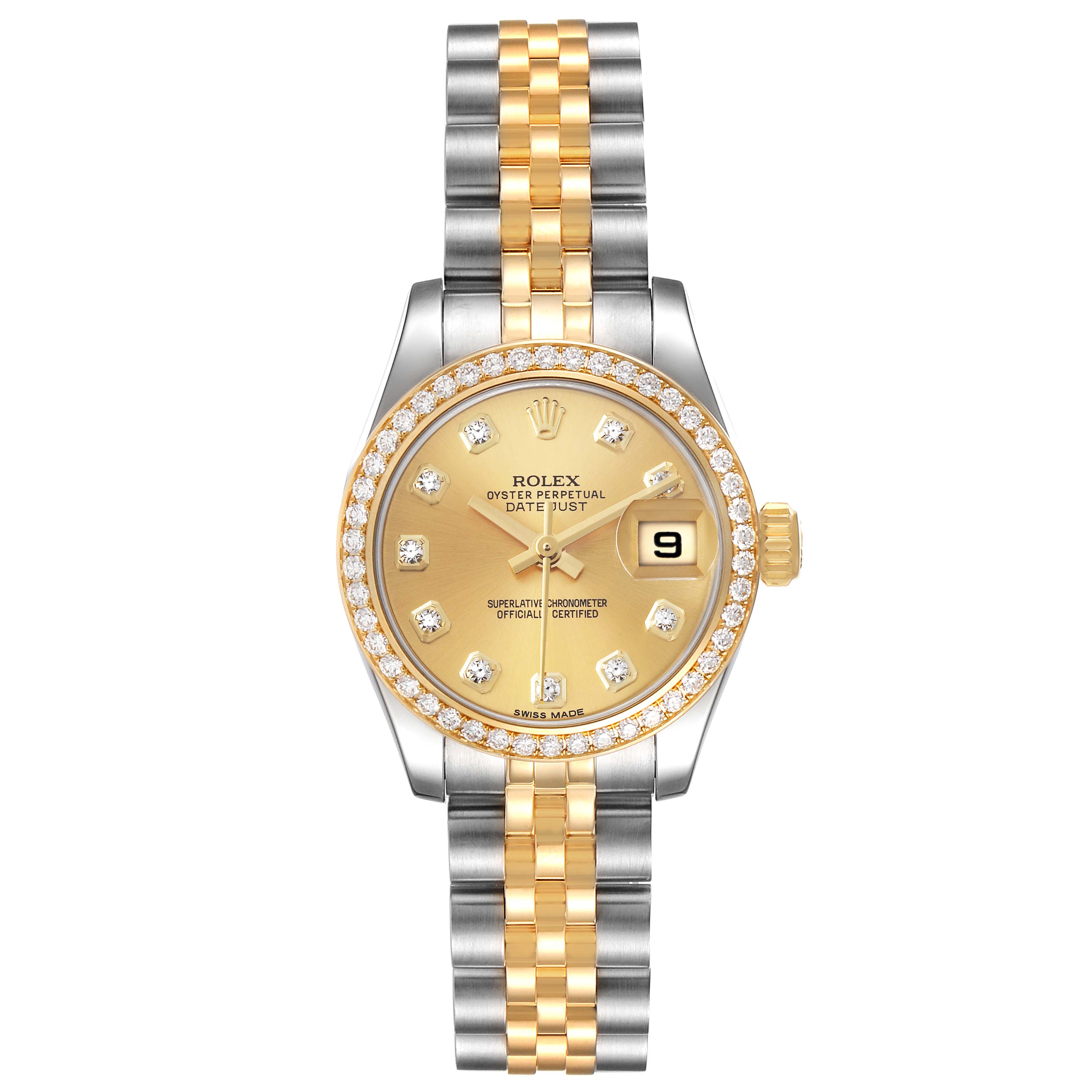 The image shows a front view of the Rolex Datejust 179383 Women's Steel and Gold (two tone) Champagne Dial 179383 Women's Steel and Gold (two tone) Champagne Dial watch, highlighting the dial, bezel, and two-tone bracelet.