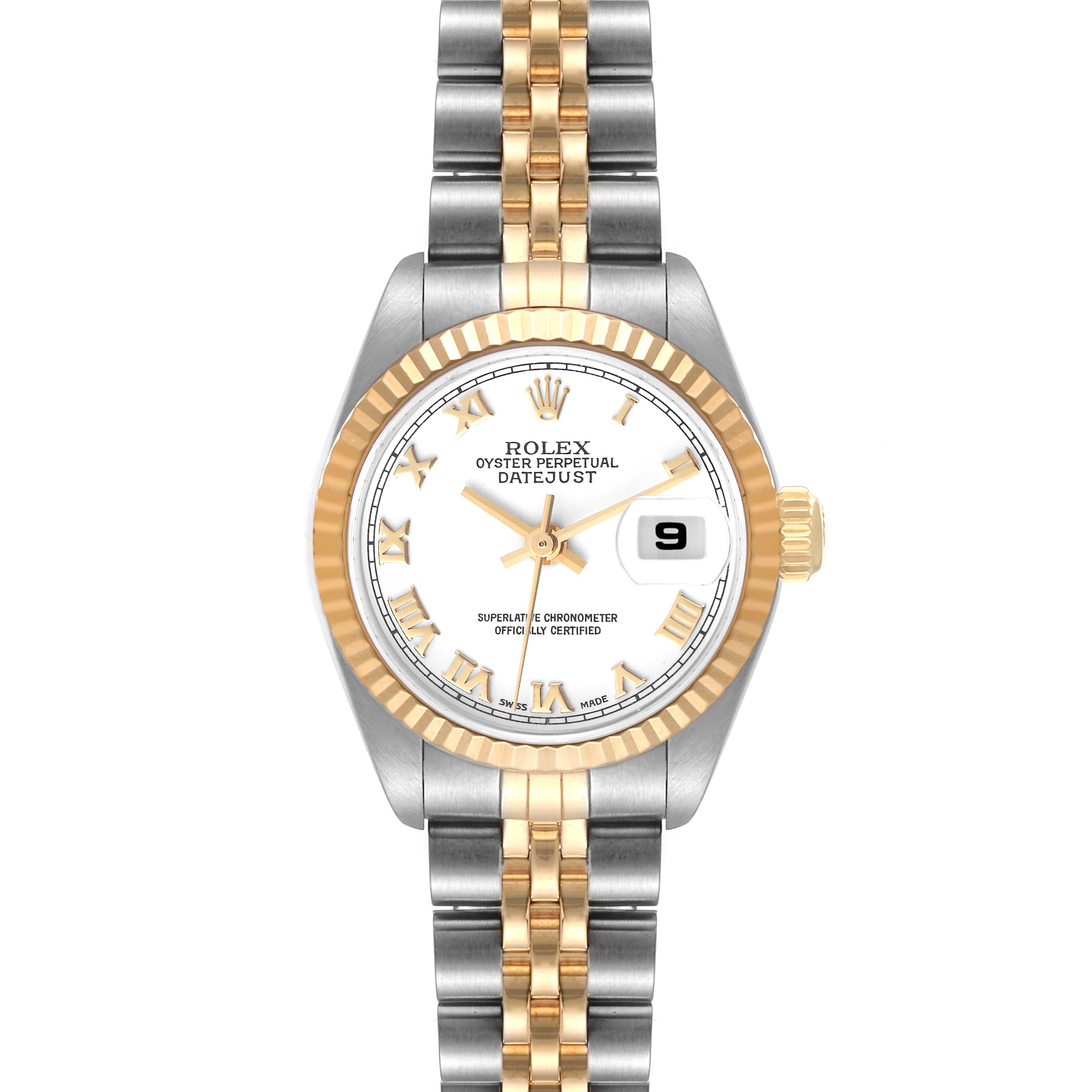 The image shows a front view of a Rolex Datejust 79173 Women's Steel and Gold (two tone) White Dial 79173 Women's Steel and Gold (two tone) White Dial, highlighting the dial, bezel, hands, and bracelet.