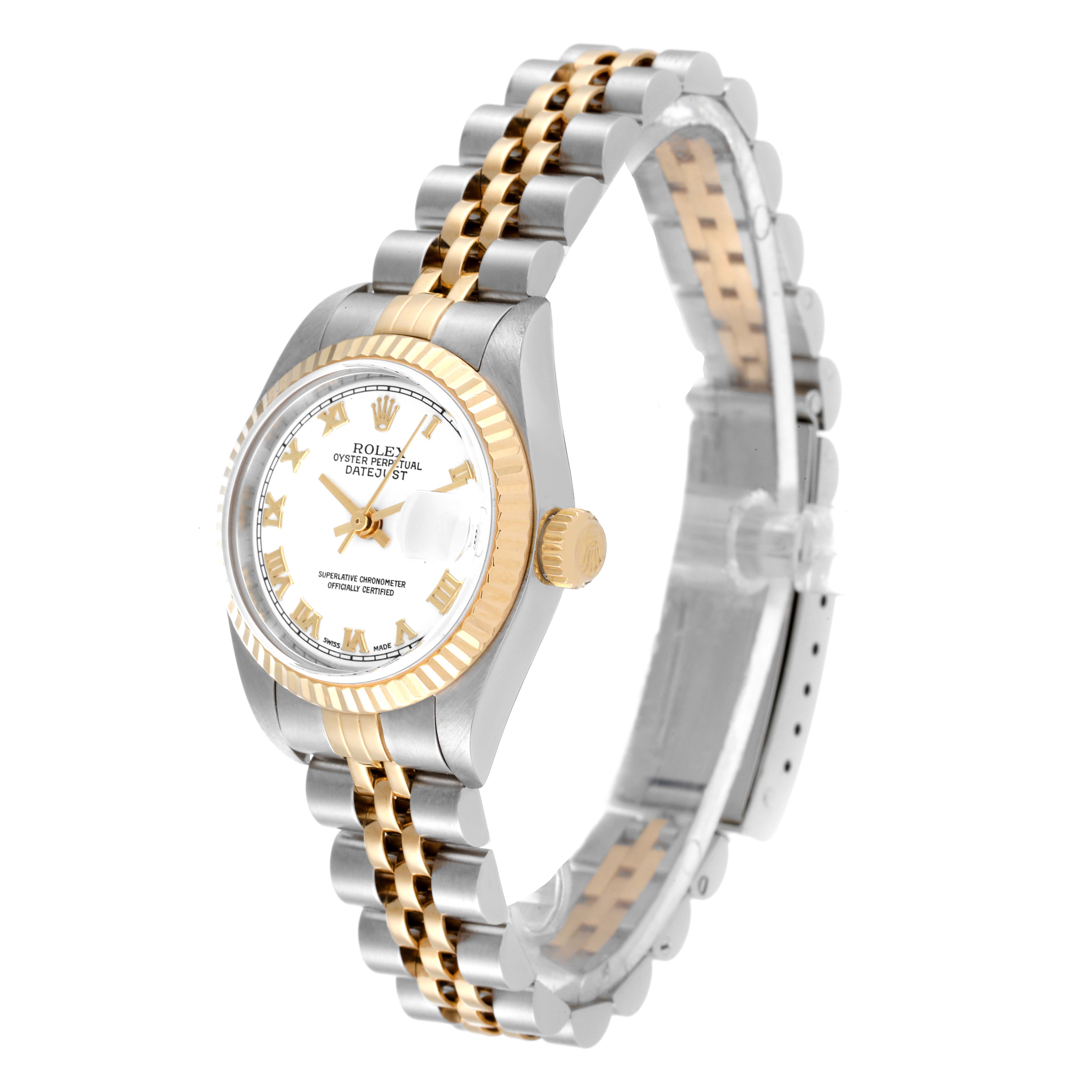 This Rolex Datejust 79173 Women's Steel and Gold (two tone) White Dial 79173 Women's Steel and Gold (two tone) White Dial watch is shown at a slight angle displaying the face, bezel, crown, and two-tone bracelet.
