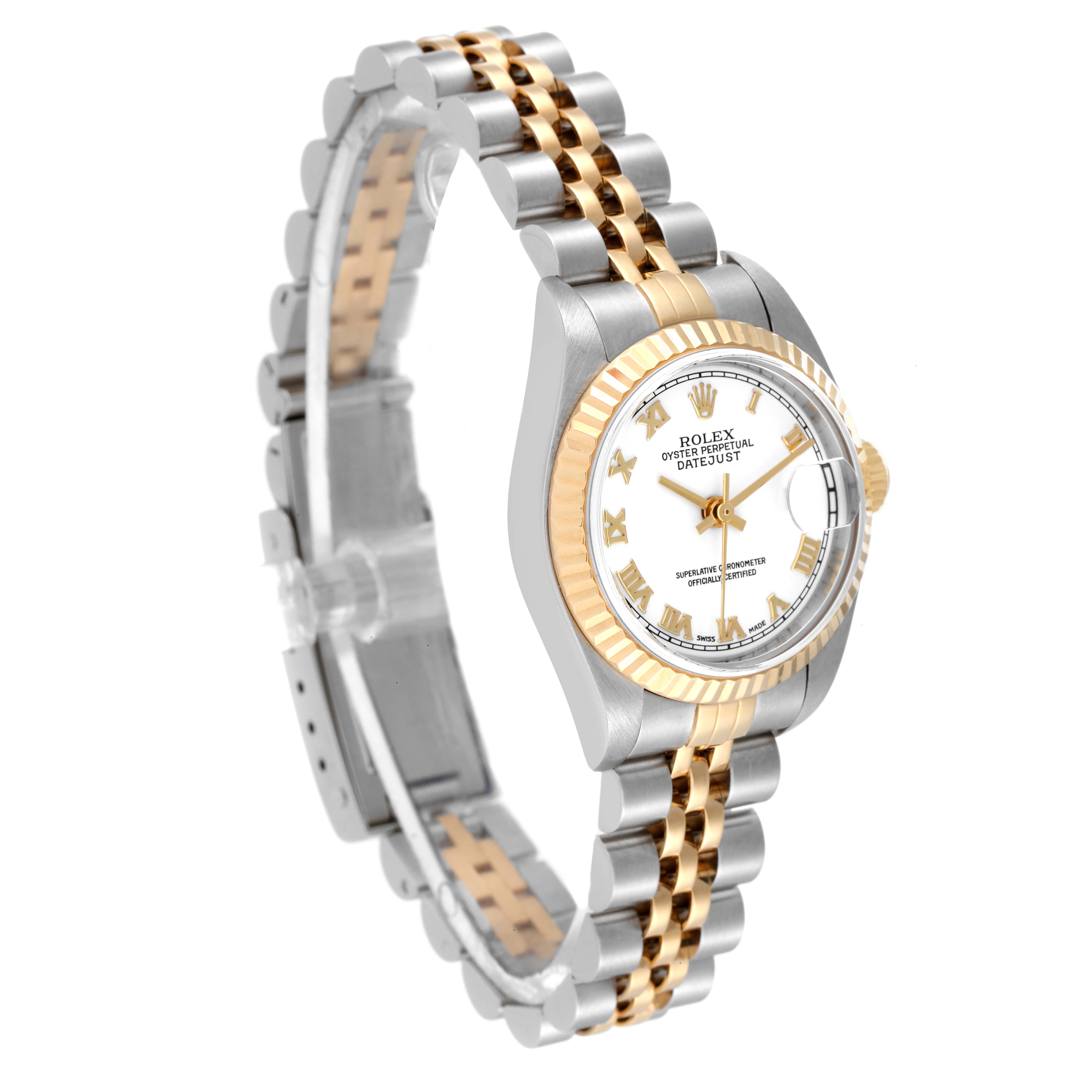 The image shows a Rolex Datejust 79173 Women's Steel and Gold (two tone) White Dial 79173 Women's Steel and Gold (two tone) White Dial watch from a front and side angle highlighting the bezel, dial, and band.