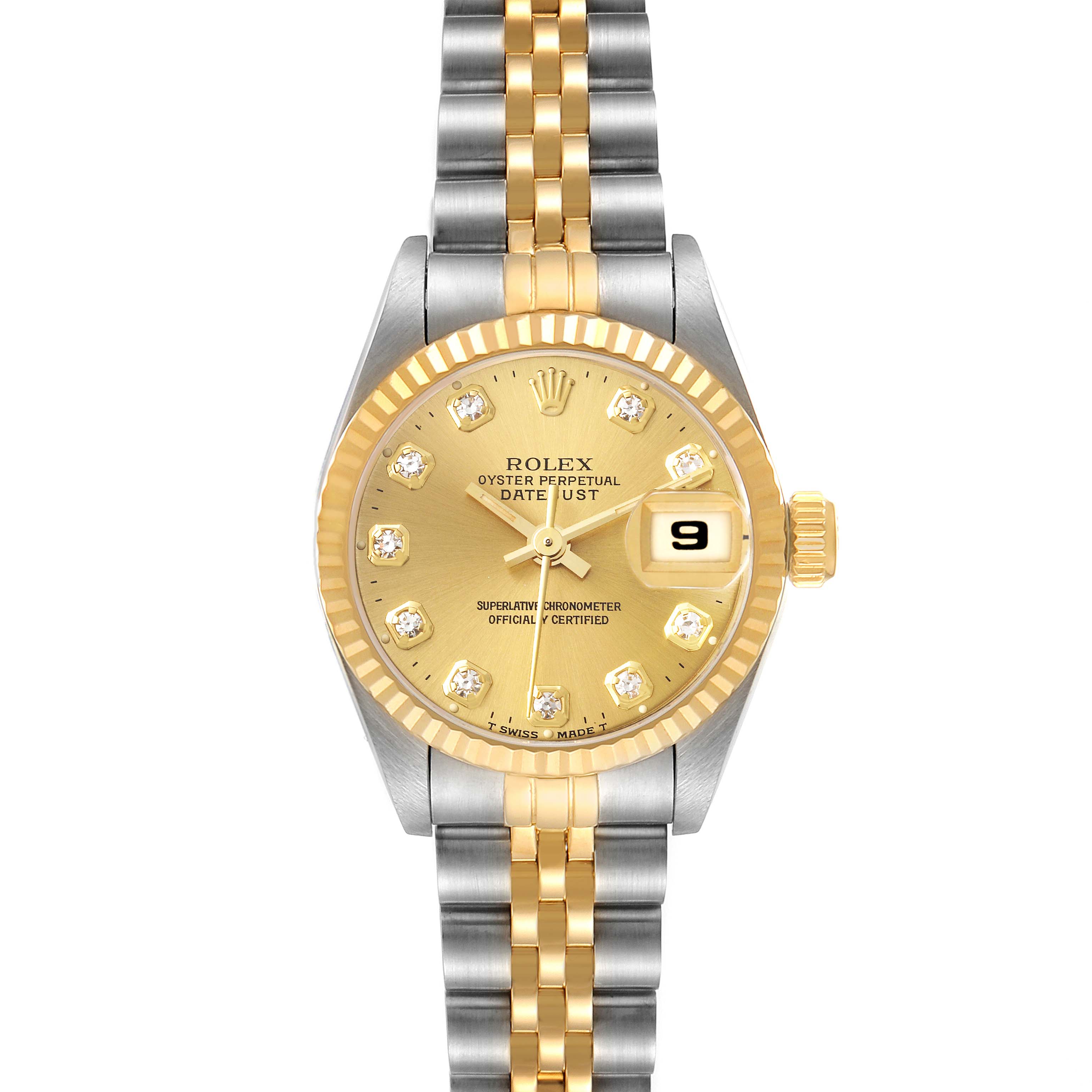 This image shows a front view of a Rolex Datejust 69173 Women's Steel and Gold (two tone) Champagne Dial 69173 Women's Steel and Gold (two tone) Champagne Dial watch with a gold and silver bracelet and a gold dial with diamond hour markers.