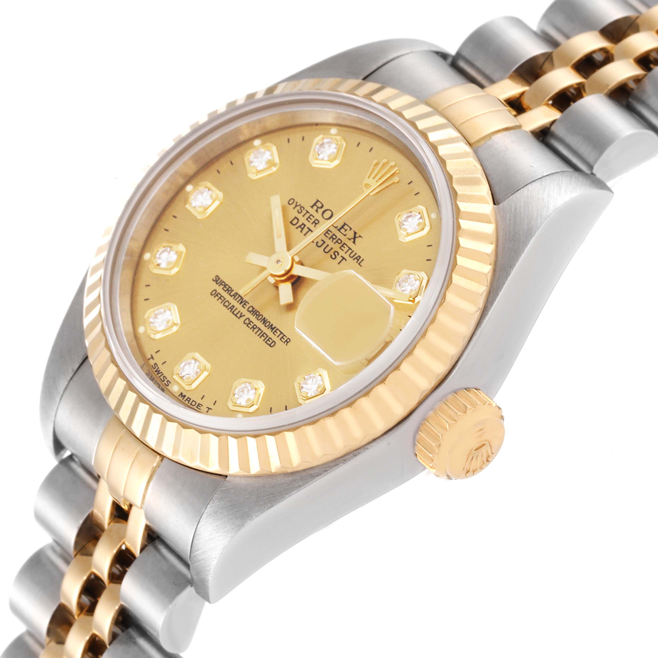 This image shows a close-up angled view of a Rolex Datejust 69173 Women's Steel and Gold (two tone) Champagne Dial 69173 Women's Steel and Gold (two tone) Champagne Dial watch, highlighting the dial, bezel, crown, and part of the bracelet.