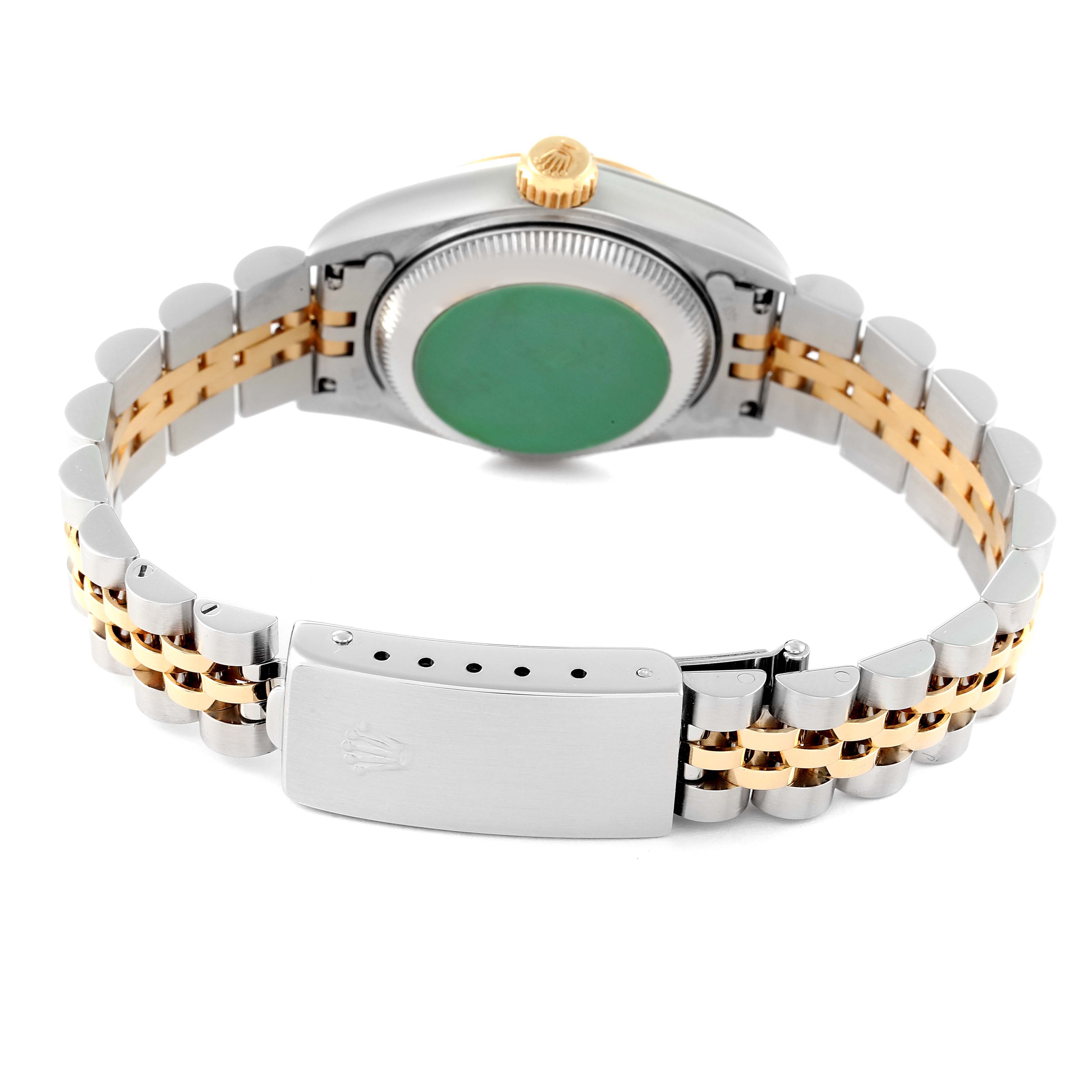 The image shows the back case and bracelet of a Rolex Datejust 69173 Women's Steel and Gold (two tone) Champagne Dial 69173 Women's Steel and Gold (two tone) Champagne Dial watch with two-tone metal links and a deployment clasp.