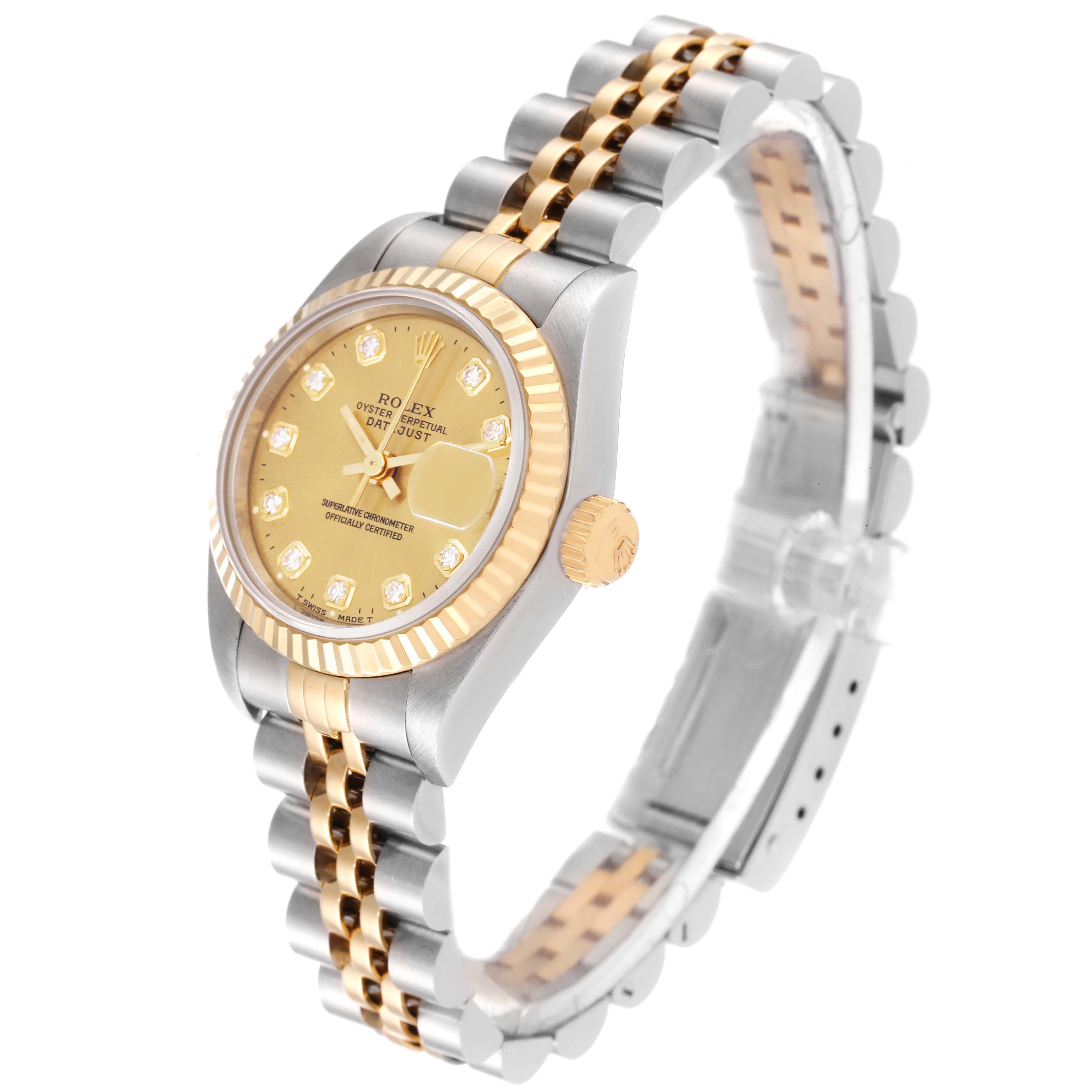 This image shows a Rolex Datejust 69173 Women's Steel and Gold (two tone) Champagne Dial 69173 Women's Steel and Gold (two tone) Champagne Dial watch at a three-quarter angle, highlighting the face, fluted bezel, and two-tone jubilee bracelet.