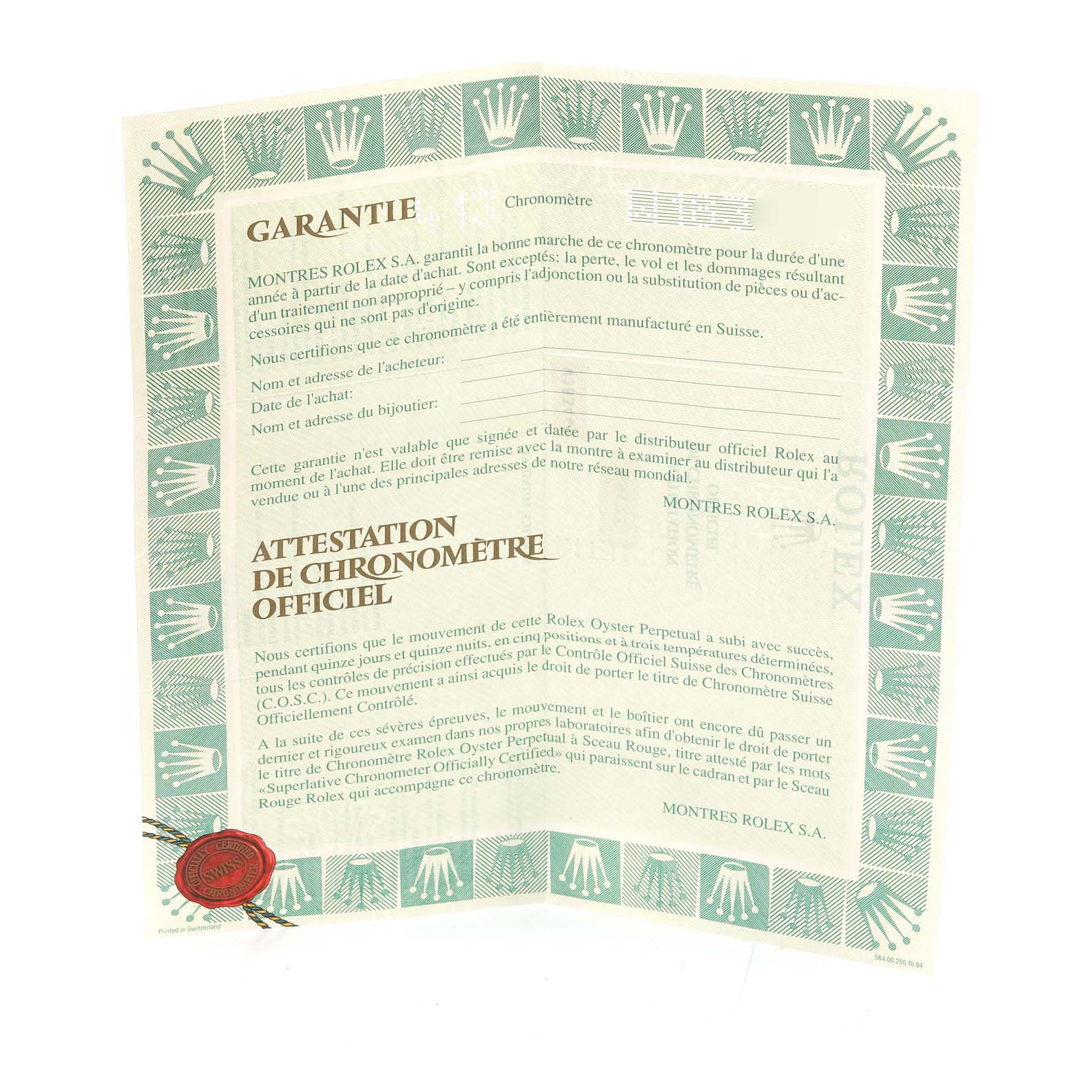 This image shows a guarantee certificate for a Rolex Datejust 69173 Women's Steel and Gold (two tone) Champagne Dial 69173 Women's Steel and Gold (two tone) Champagne Dial model, with text in French and a green border featuring Rolex logos.