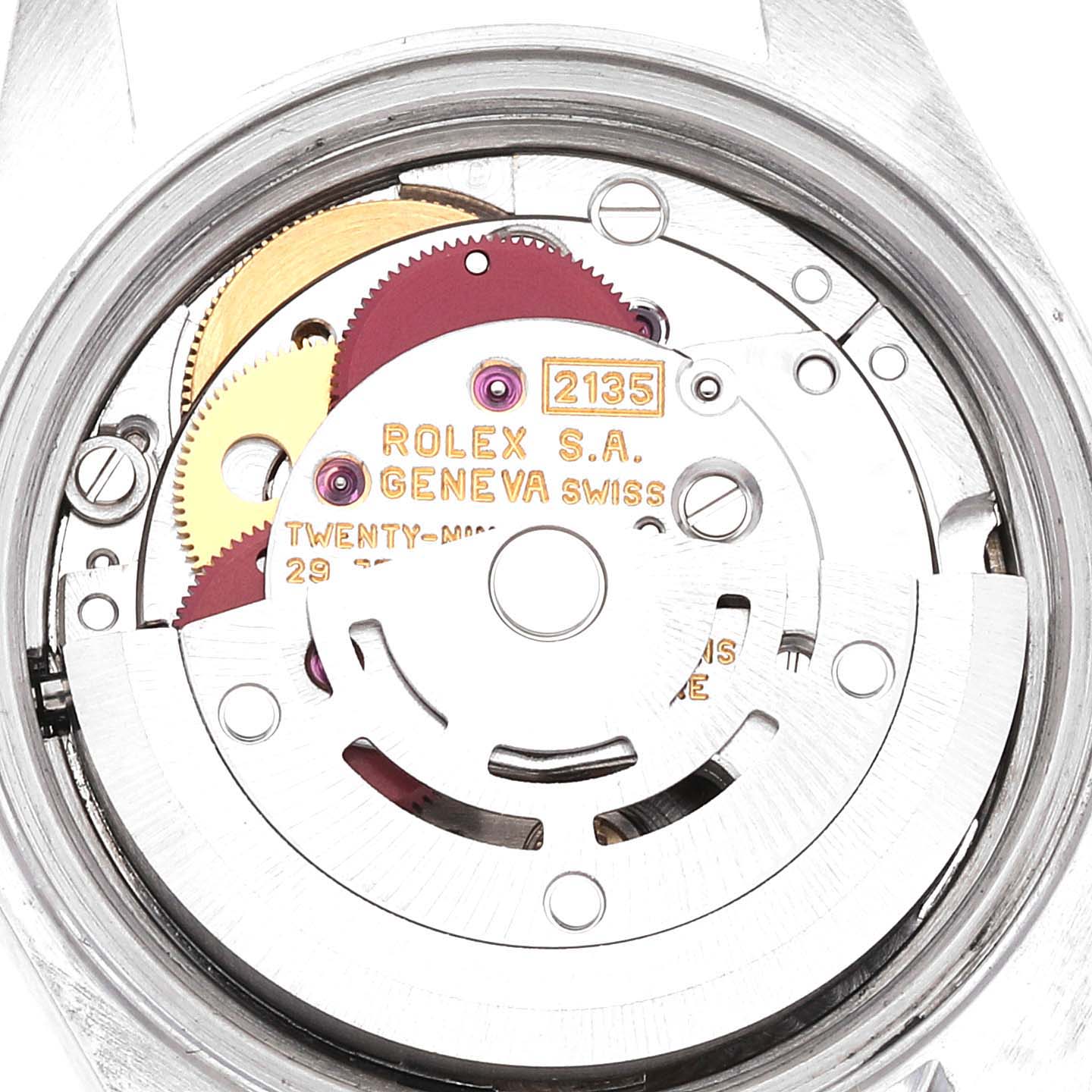 The image shows the internal mechanism of a Rolex Datejust 69173 Women's Steel and Gold (two tone) Champagne Dial 69173 Women's Steel and Gold (two tone) Champagne Dial watch from the rear angle, highlighting the gears and movement components.