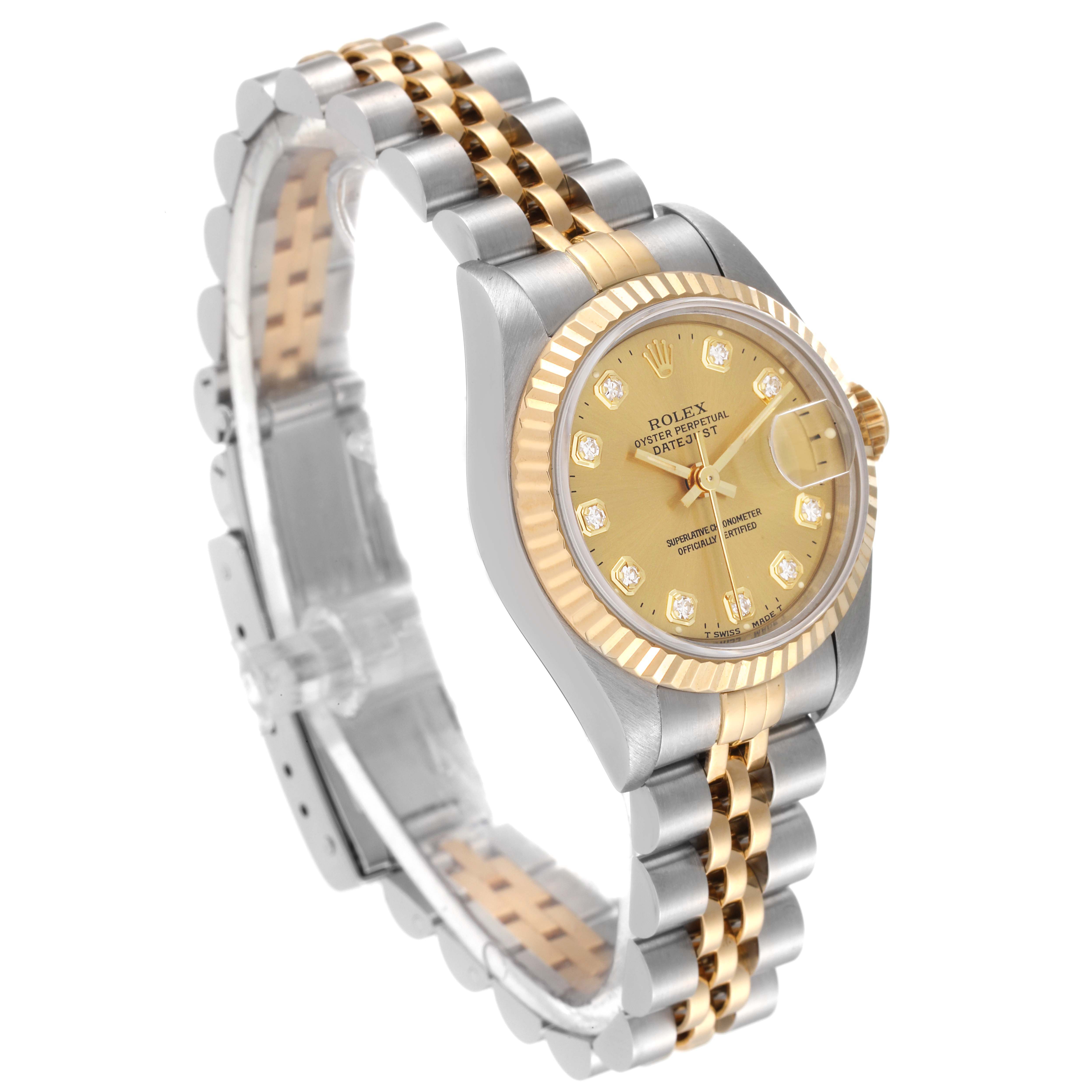 This image shows a side angled view of a Rolex Datejust 69173 Women's Steel and Gold (two tone) Champagne Dial 69173 Women's Steel and Gold (two tone) Champagne Dial watch, highlighting its two-tone band and champagne dial with diamond markers.