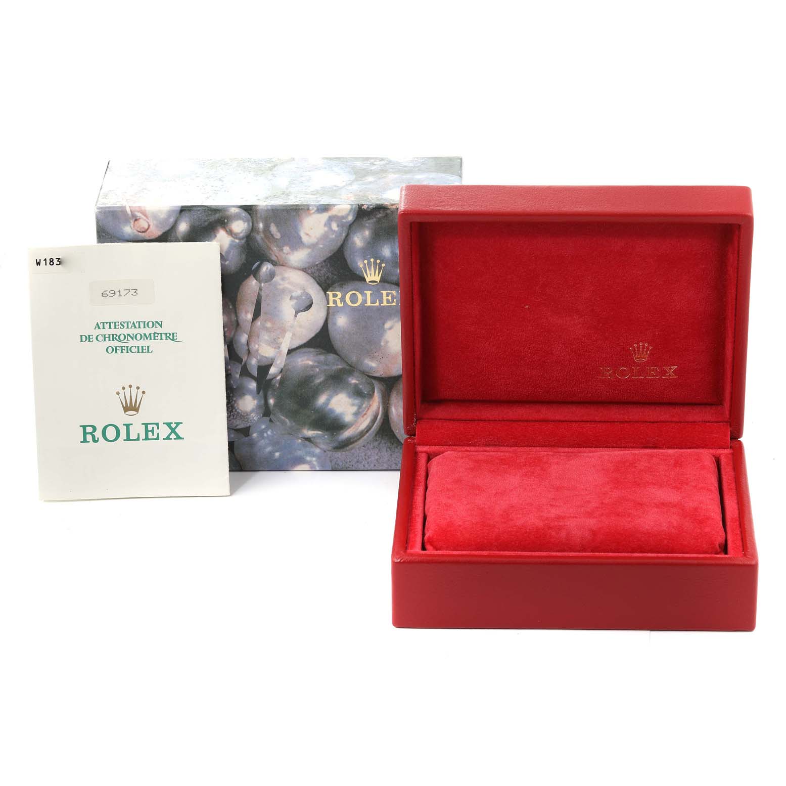The image shows a red Rolex Datejust 69173 Women's Steel and Gold (two tone) Champagne Dial 69173 Women's Steel and Gold (two tone) Champagne Dial watch box, certification card, and a printed outer box.