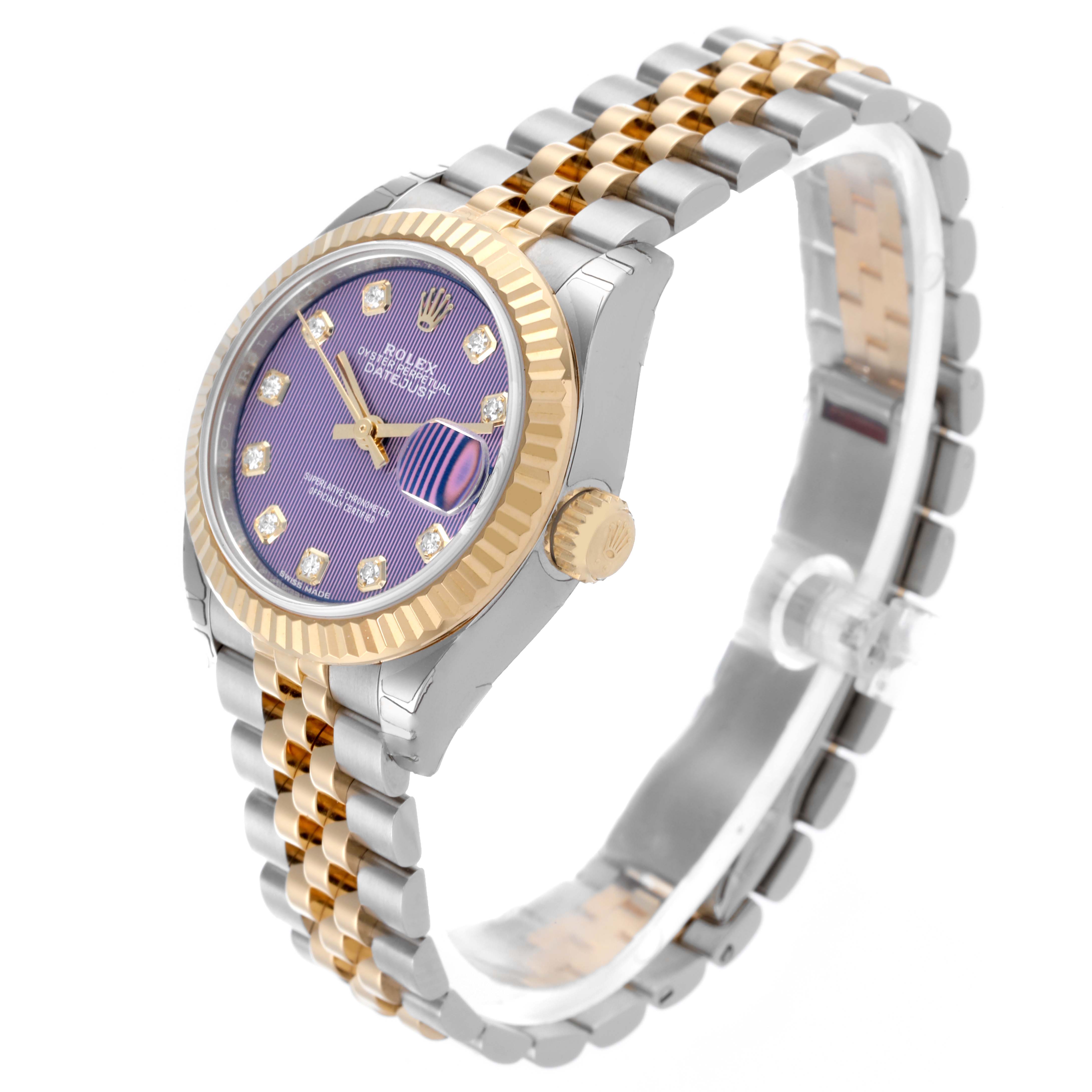 The Rolex Datejust 279173 Women's Steel and Gold (two tone) Purple Dial 279173 Women's Steel and Gold (two tone) Purple Dial watch is shown at a three-quarter angle, highlighting the face, bezel, and two-tone bracelet.