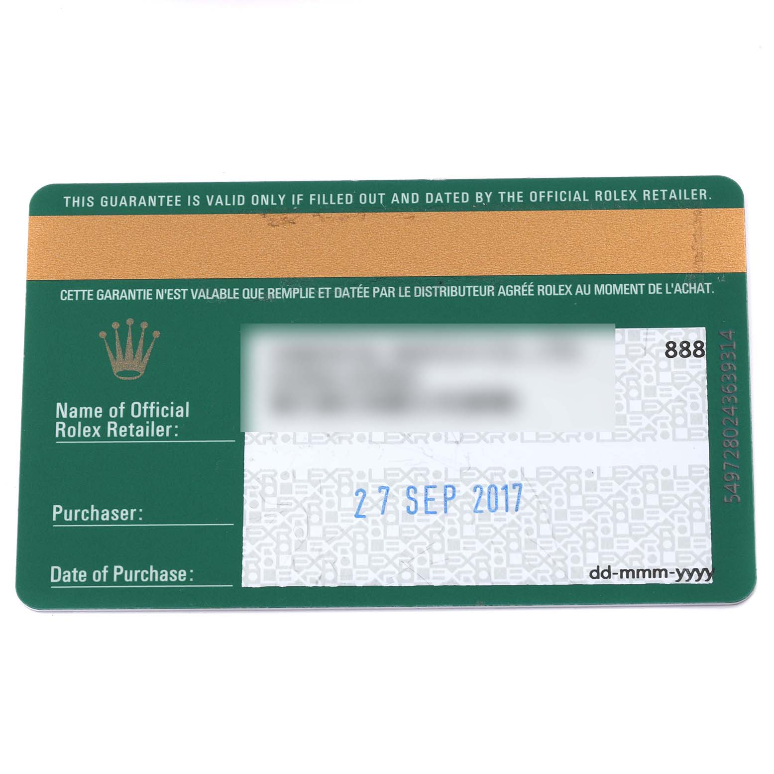 The image displays a warranty card for a Rolex Datejust 279173 Women's Steel and Gold (two tone) Purple Dial 279173 Women's Steel and Gold (two tone) Purple Dial watch, showing retailer and purchase details.