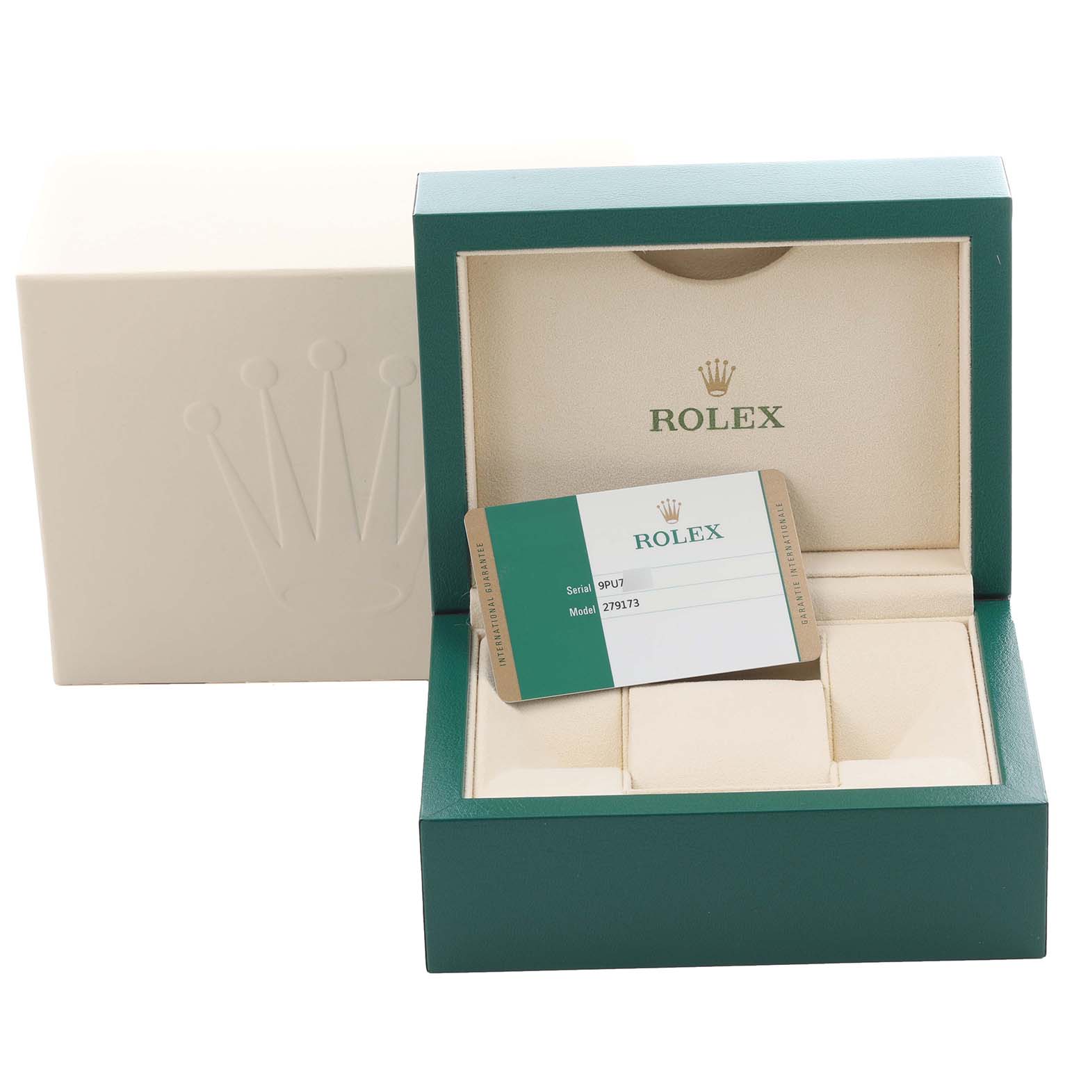 The image shows a Rolex Datejust 279173 Women's Steel and Gold (two tone) Purple Dial 279173 Women's Steel and Gold (two tone) Purple Dial box with an authenticity card inside.