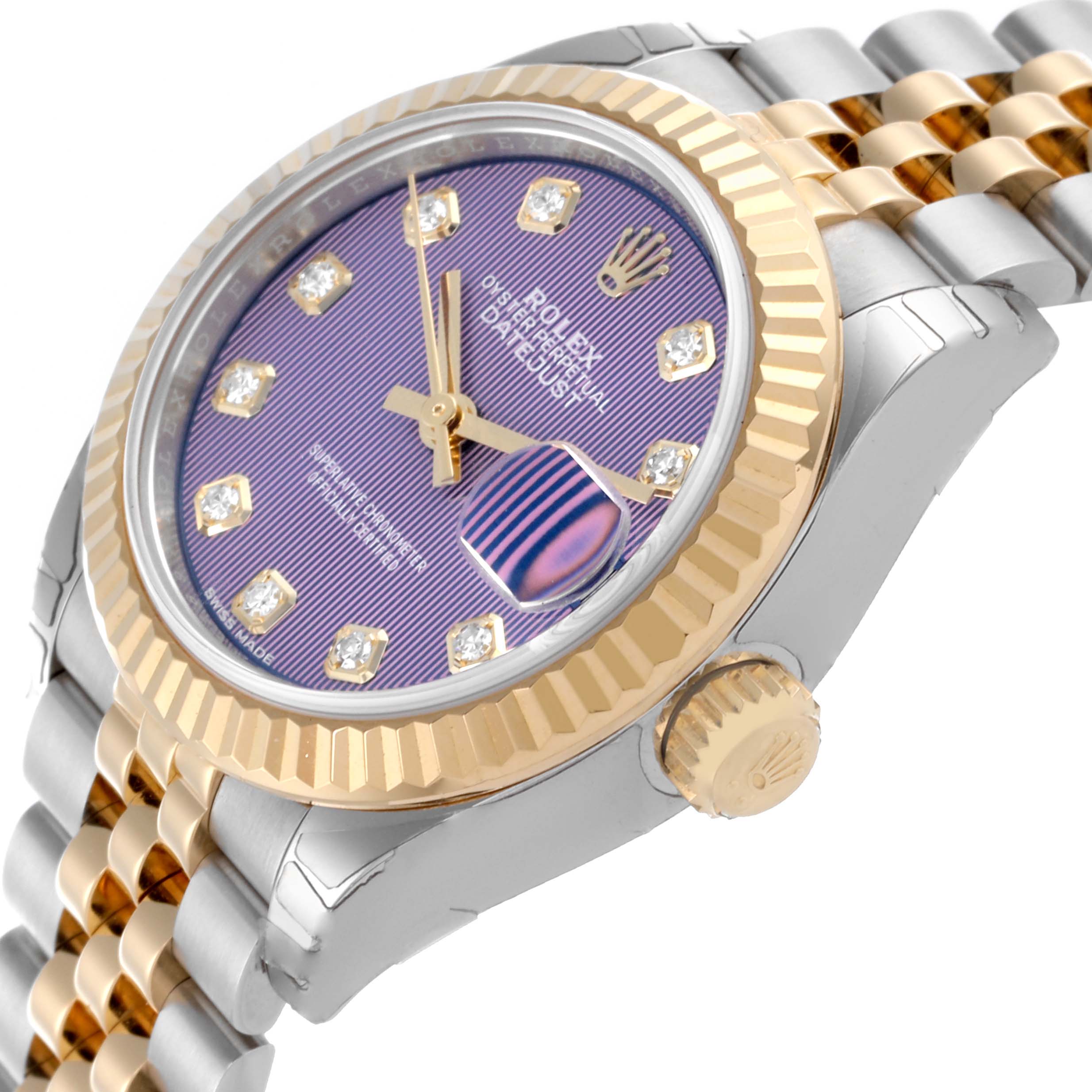 The Rolex Datejust 279173 Women's Steel and Gold (two tone) Purple Dial 279173 Women's Steel and Gold (two tone) Purple Dial is shown at an angled side view, highlighting the bezel, dial, crown, and part of the bracelet.