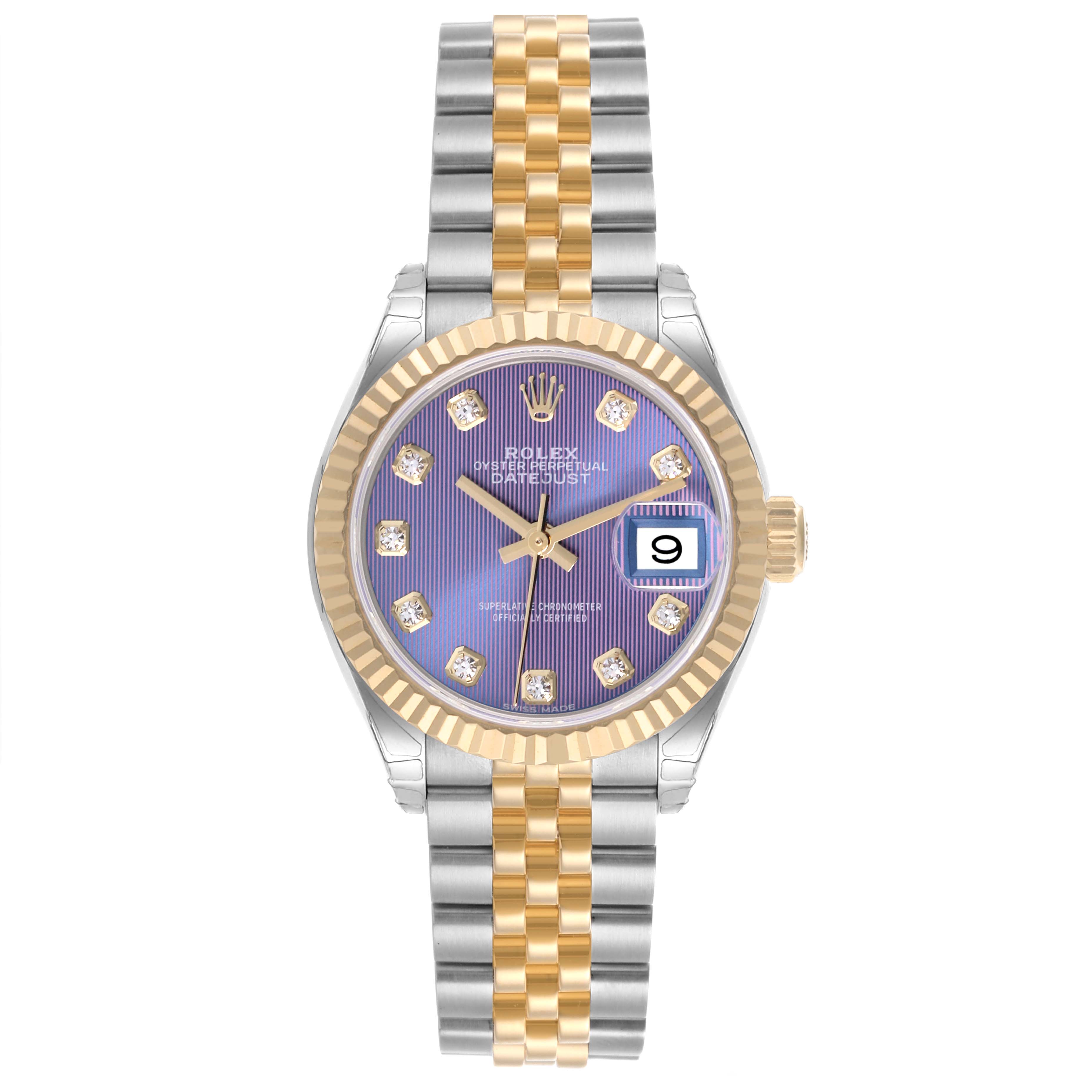 The Rolex Datejust 279173 Women's Steel and Gold (two tone) Purple Dial 279173 Women's Steel and Gold (two tone) Purple Dial watch is shown from a straight-on angle, featuring its dial, hands, bezel, and two-tone bracelet.